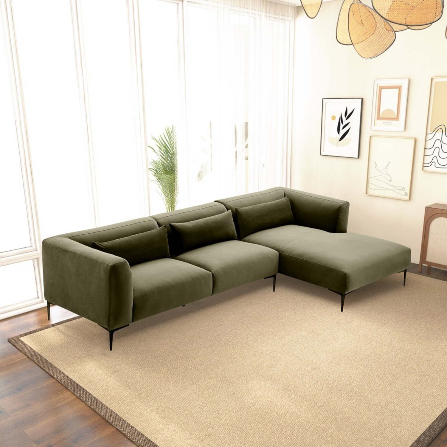 Savoy Green Velvet L Shaped Right Sectional Sofa - image-3
