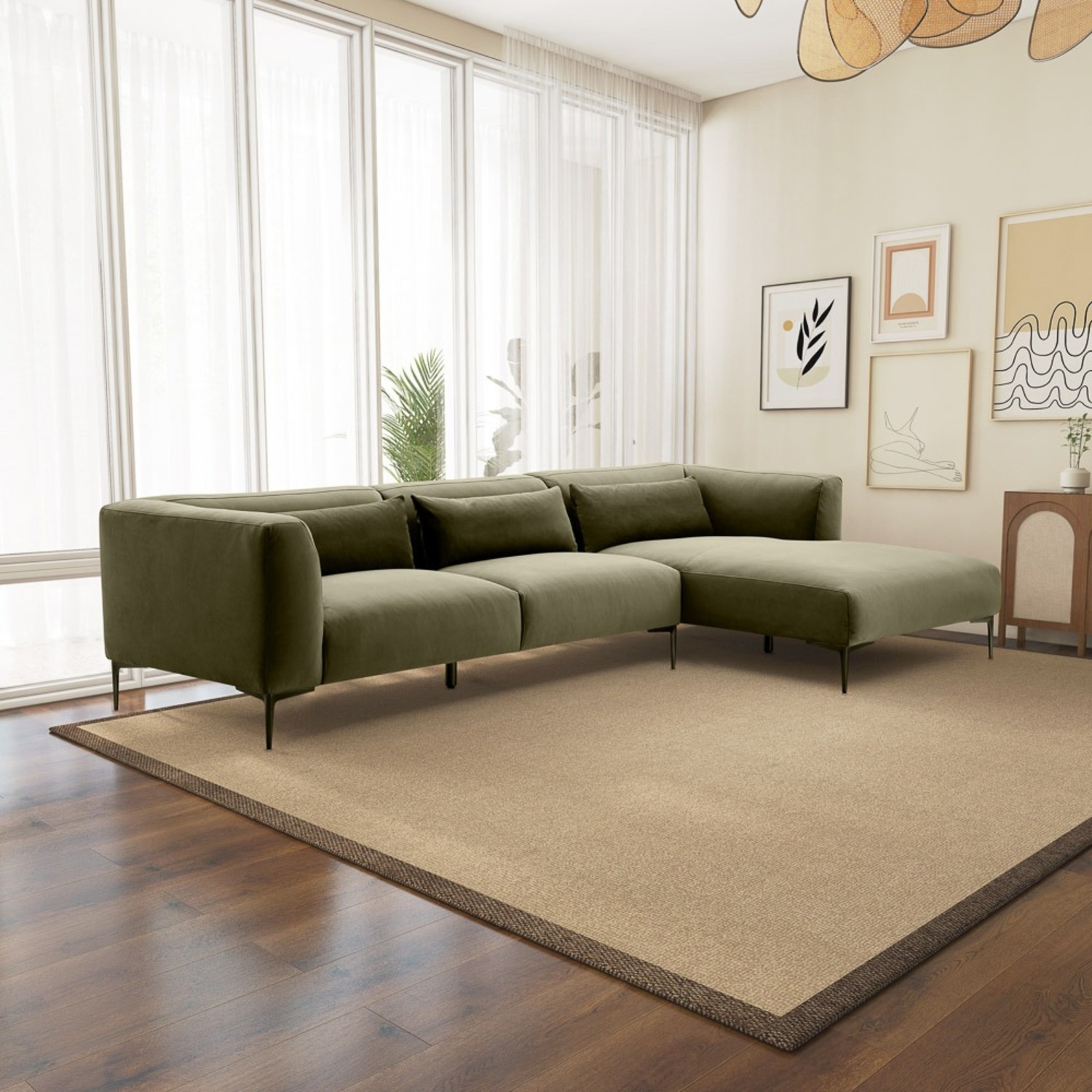 Savoy Green Velvet L Shaped Right Sectional Sofa - image-1