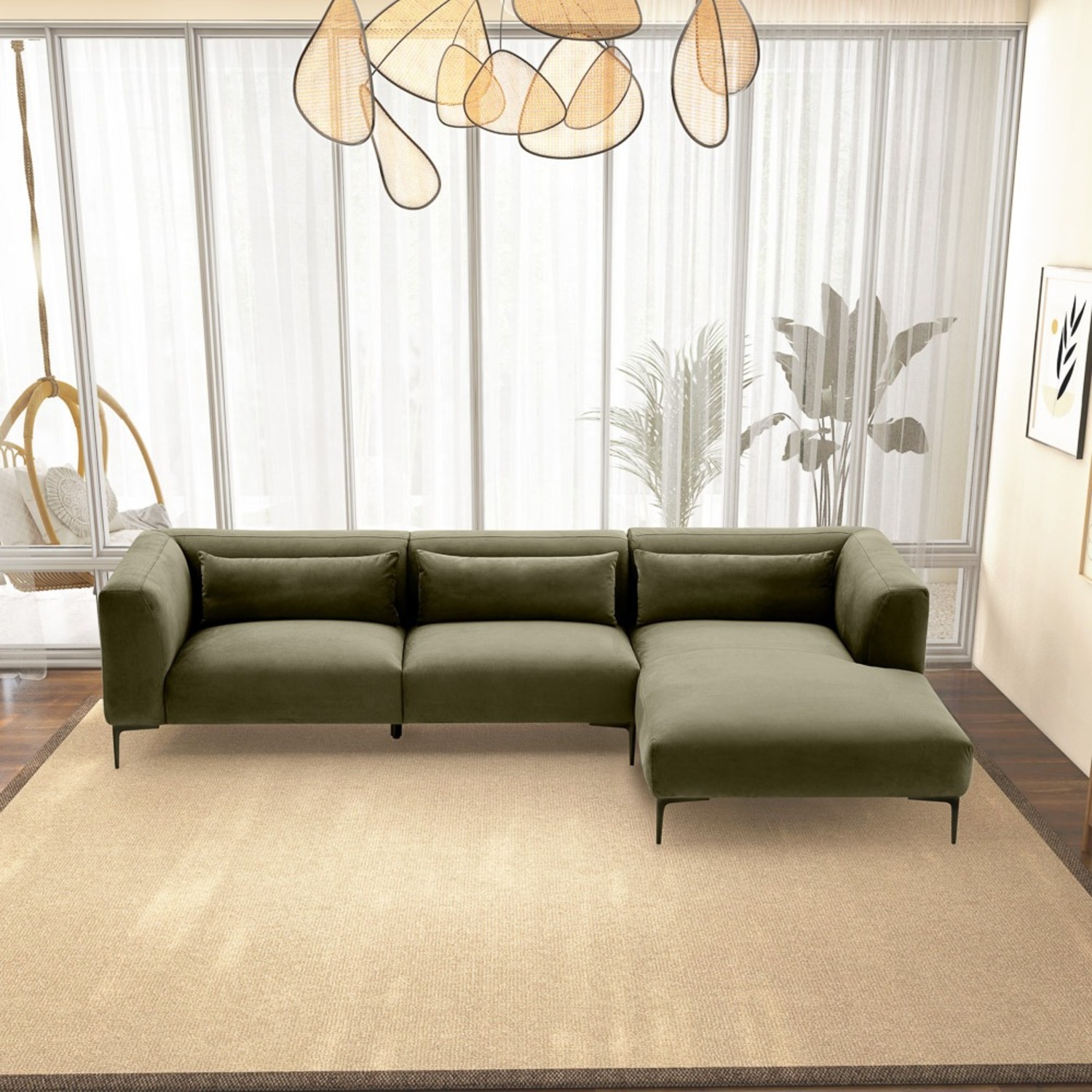Savoy Green Velvet L Shaped Right Sectional Sofa - image-2