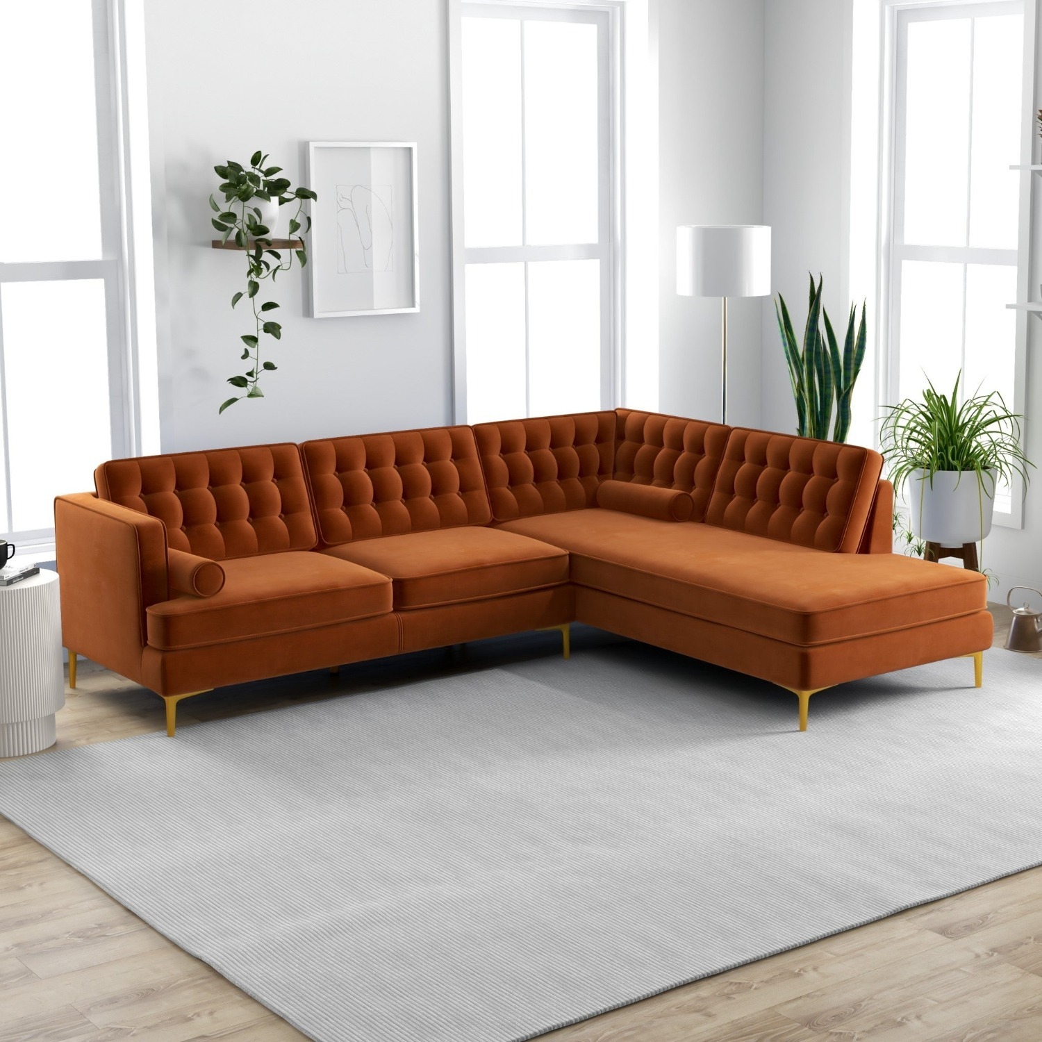 Caleb Burnt Orange Velvet Sectional Sofa - image-1
