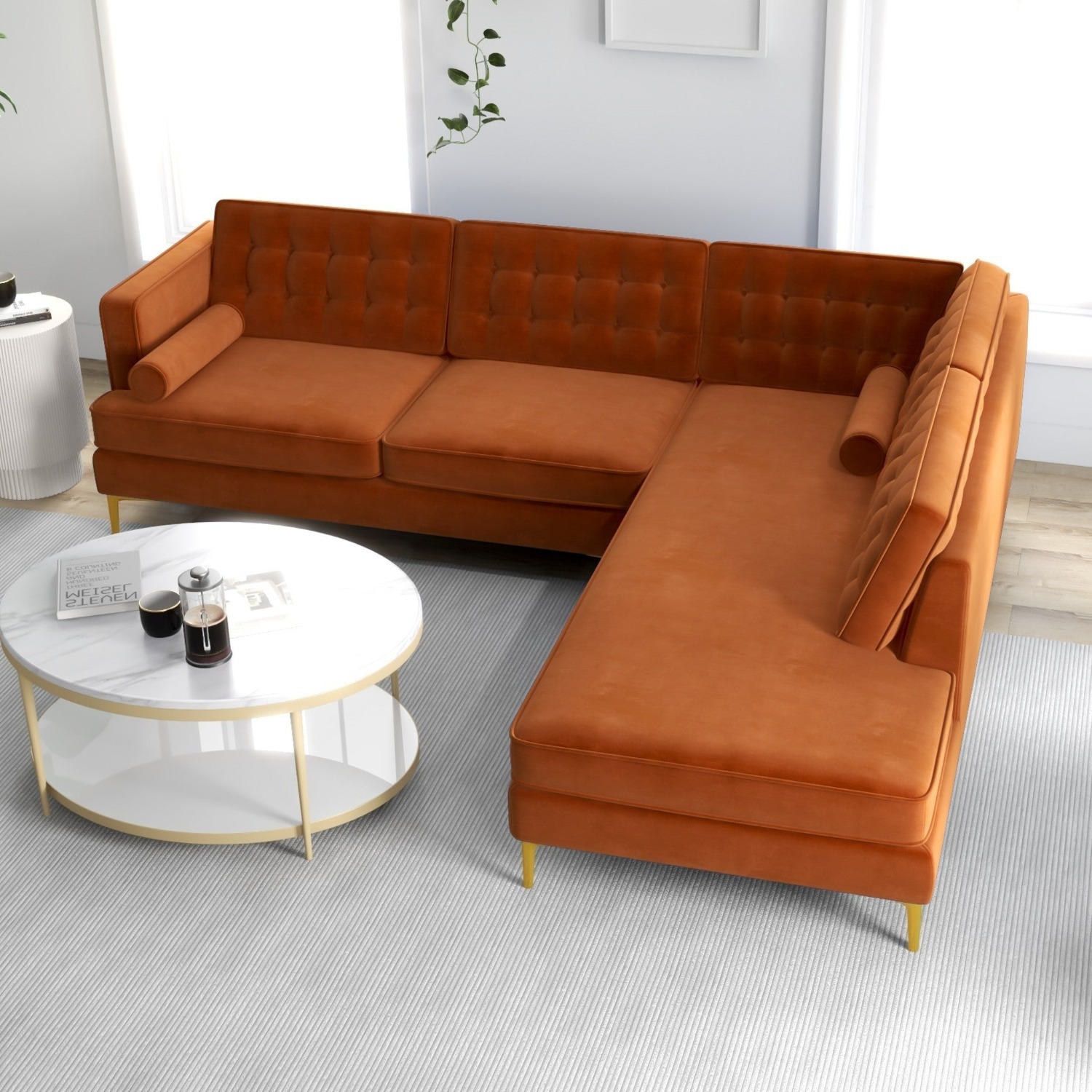 Caleb Burnt Orange Velvet Sectional Sofa - image-5