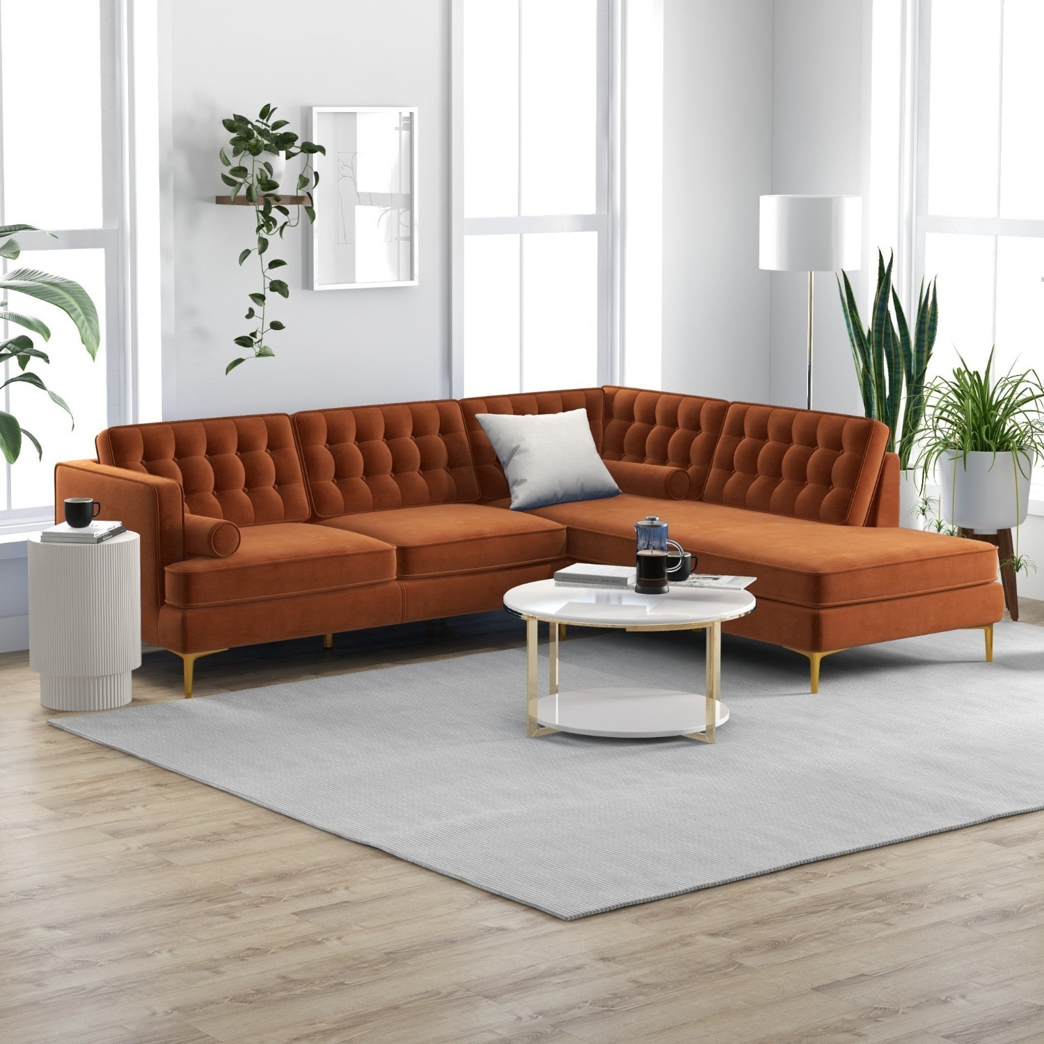 Caleb Burnt Orange Velvet Sectional Sofa - image-3