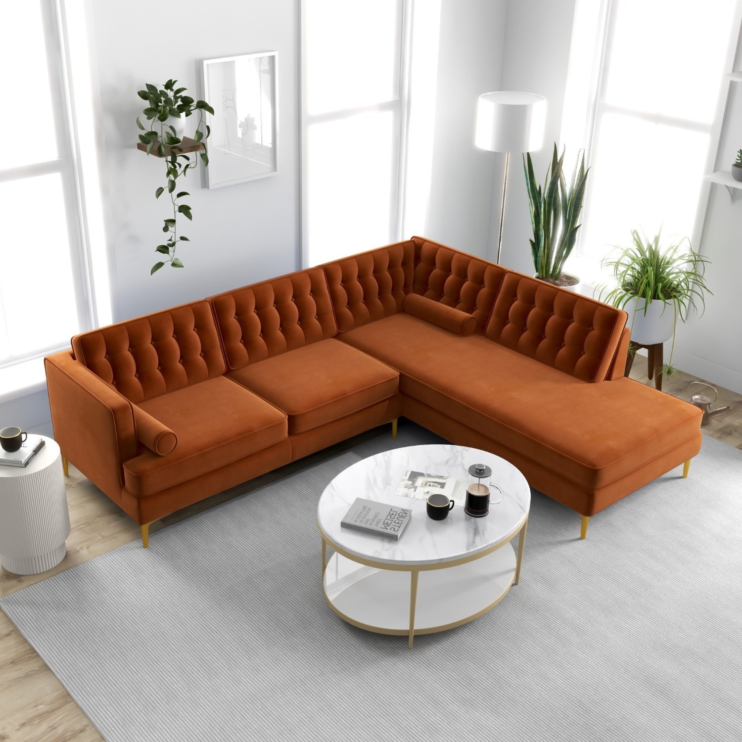 Caleb Burnt Orange Velvet Sectional Sofa - image-4