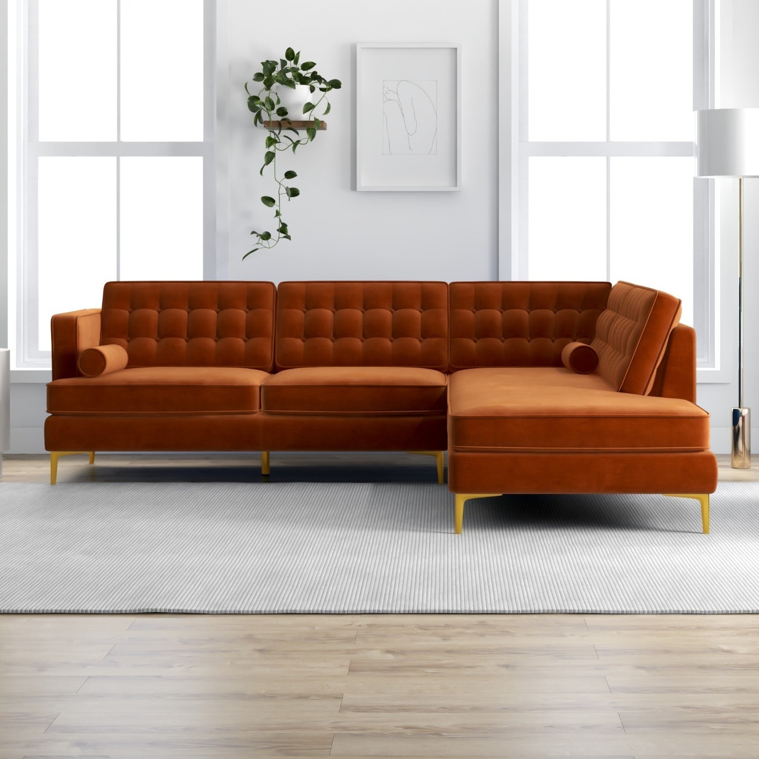 Caleb Burnt Orange Velvet Sectional Sofa - image-2