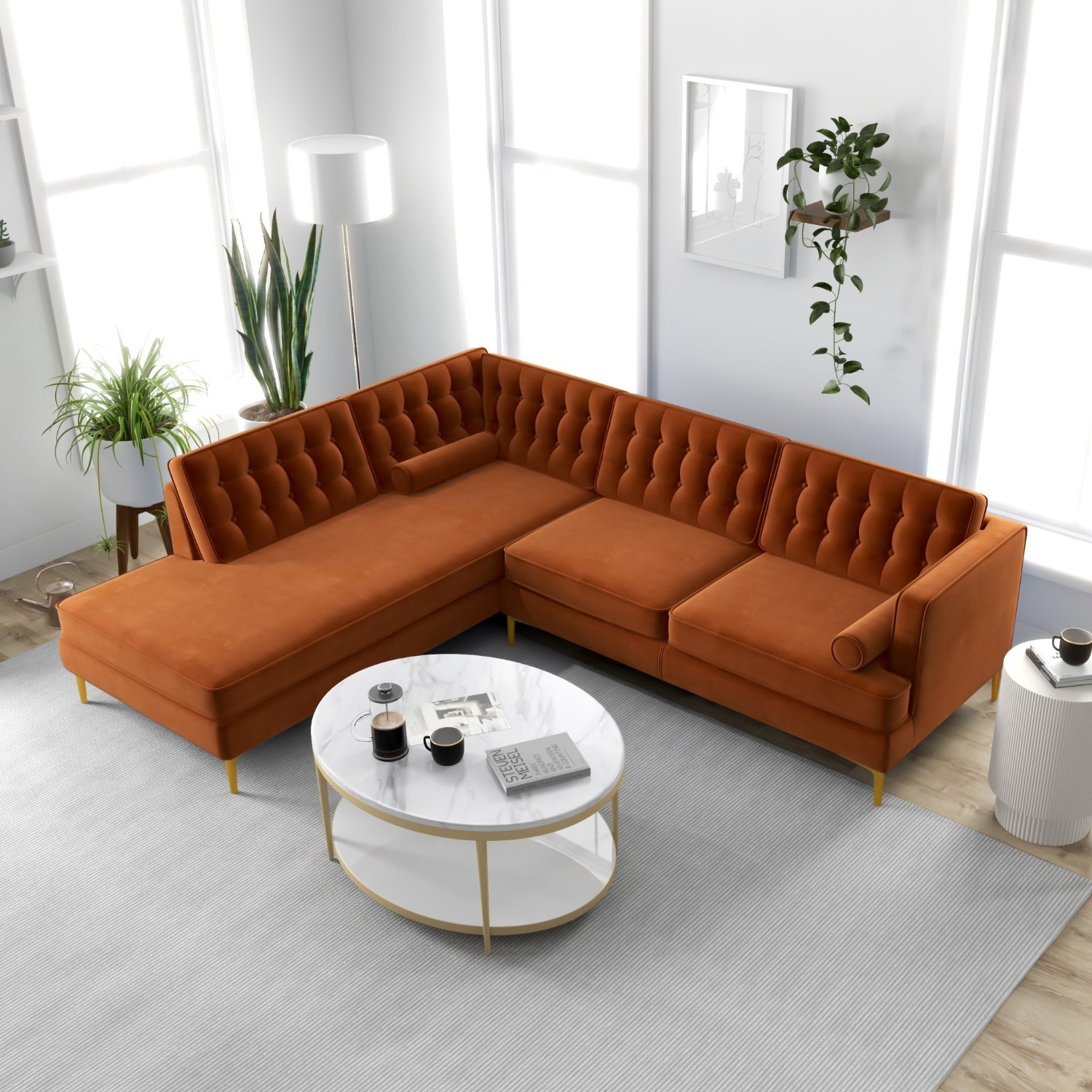 Caleb Burnt Orange Velvet Sectional Sofa - image-4
