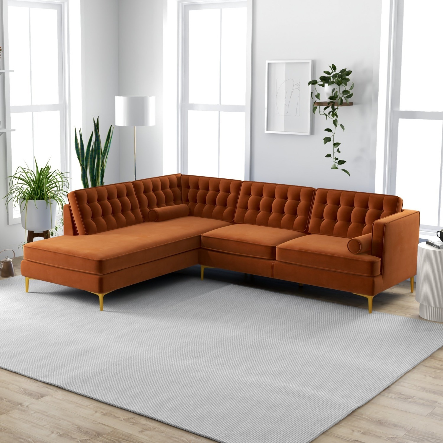 Caleb Burnt Orange Velvet Sectional Sofa - image-3