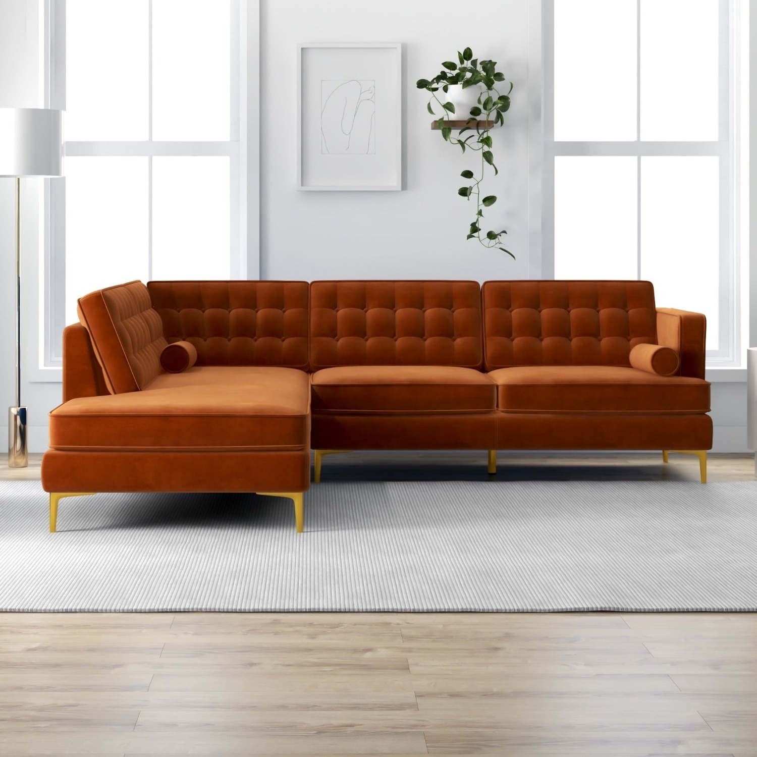 Caleb Burnt Orange Velvet Sectional Sofa - image-5