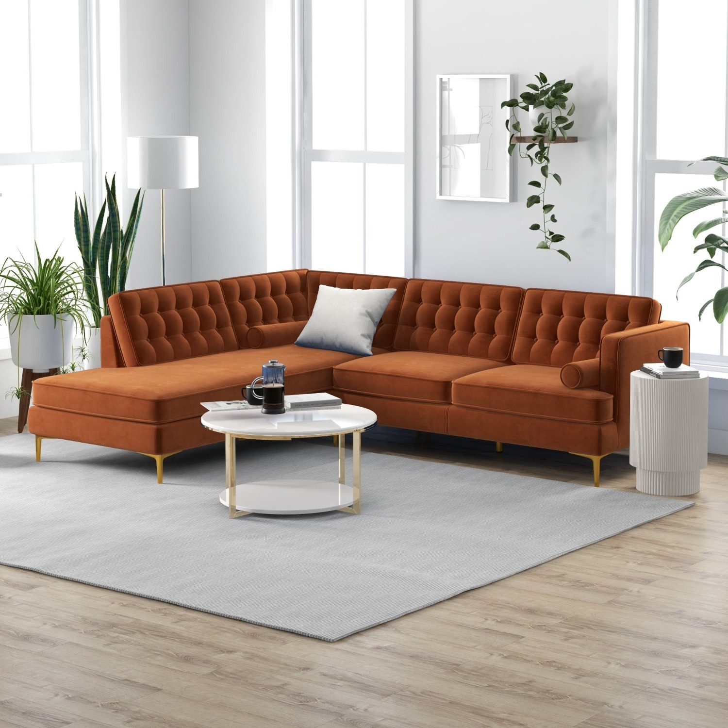 Caleb Burnt Orange Velvet Sectional Sofa - image-2