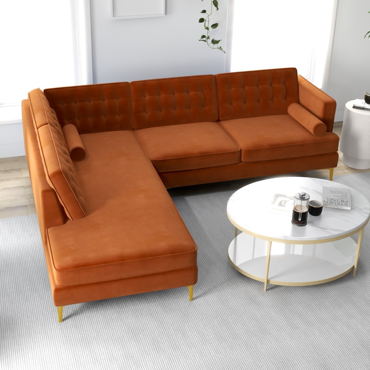 Caleb Burnt Orange Velvet Sectional Sofa - image-1
