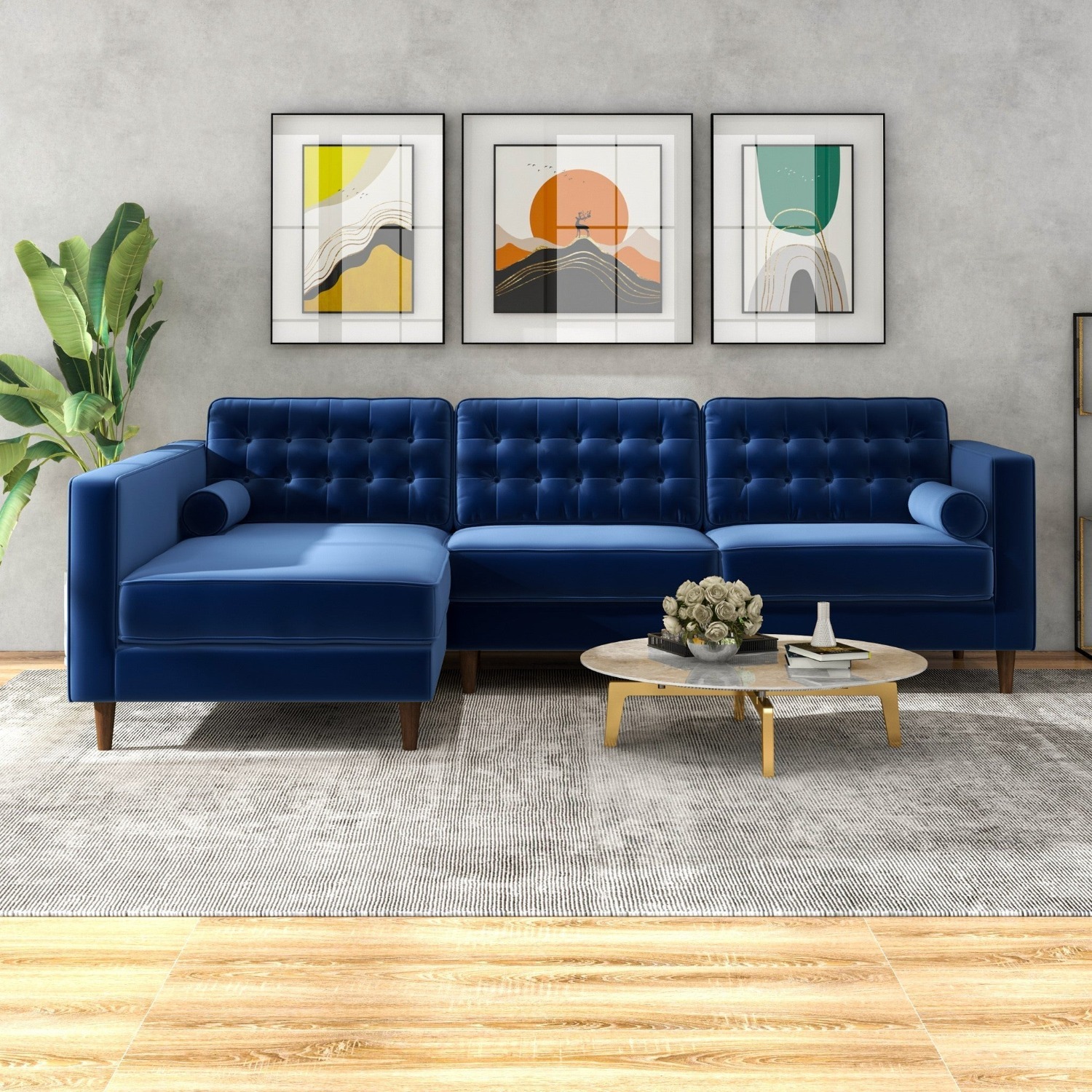Olson Midnight Blue Velvet Sectional Sofa - image-4