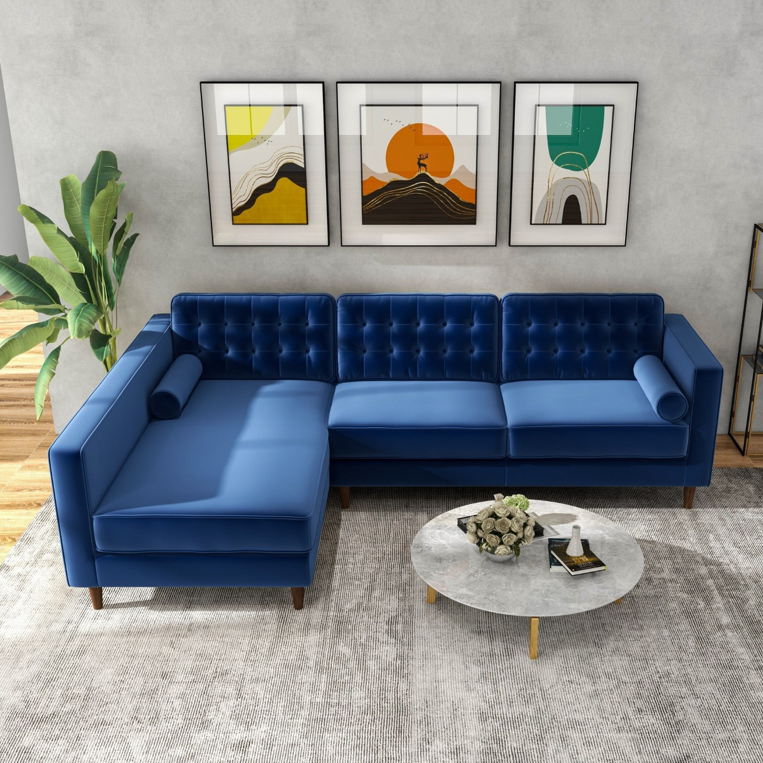 Olson Midnight Blue Velvet Sectional Sofa - image-1