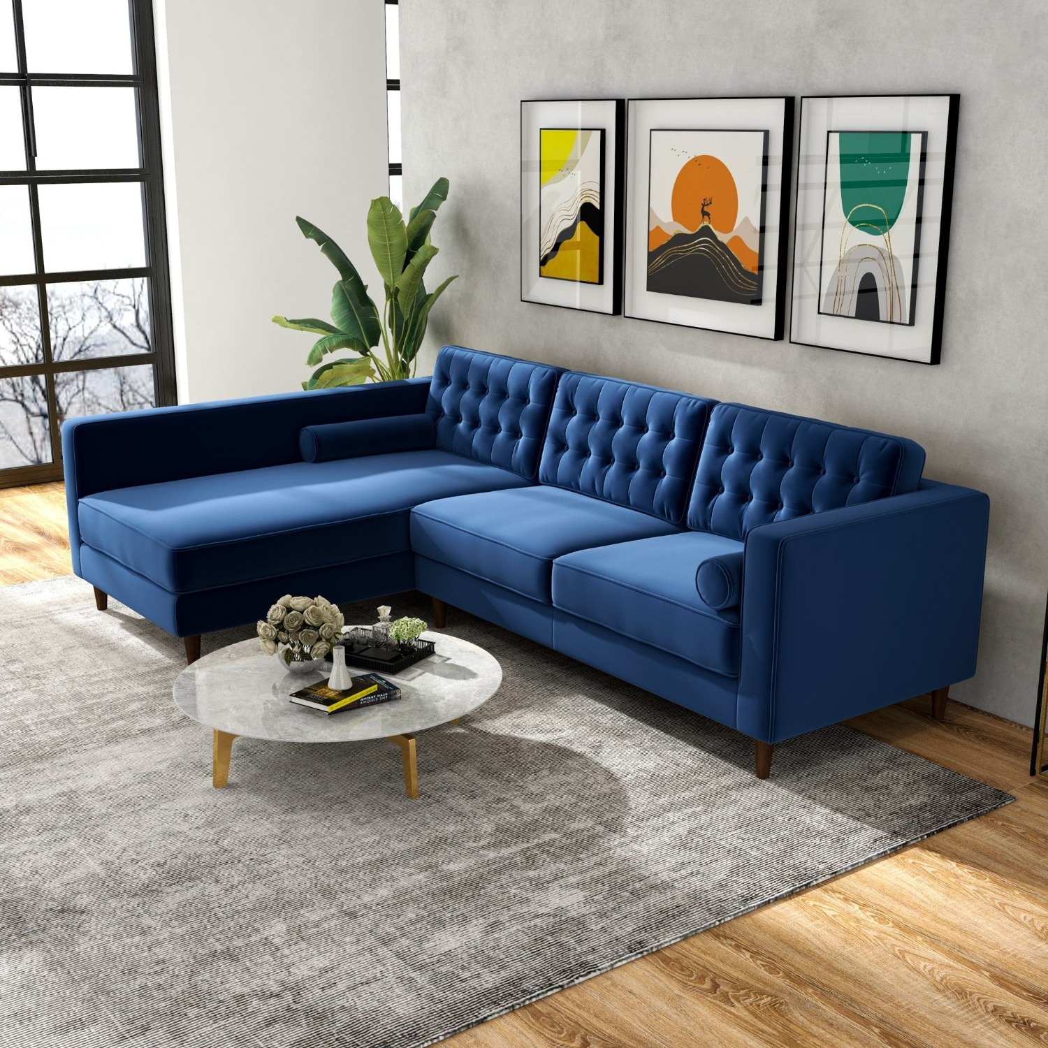 Olson Midnight Blue Velvet Sectional Sofa - image-3