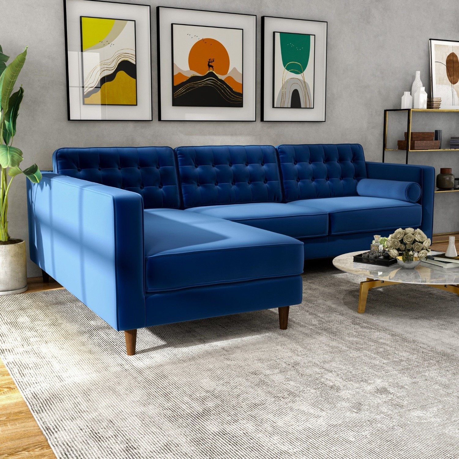 Olson Midnight Blue Velvet Sectional Sofa - image-5