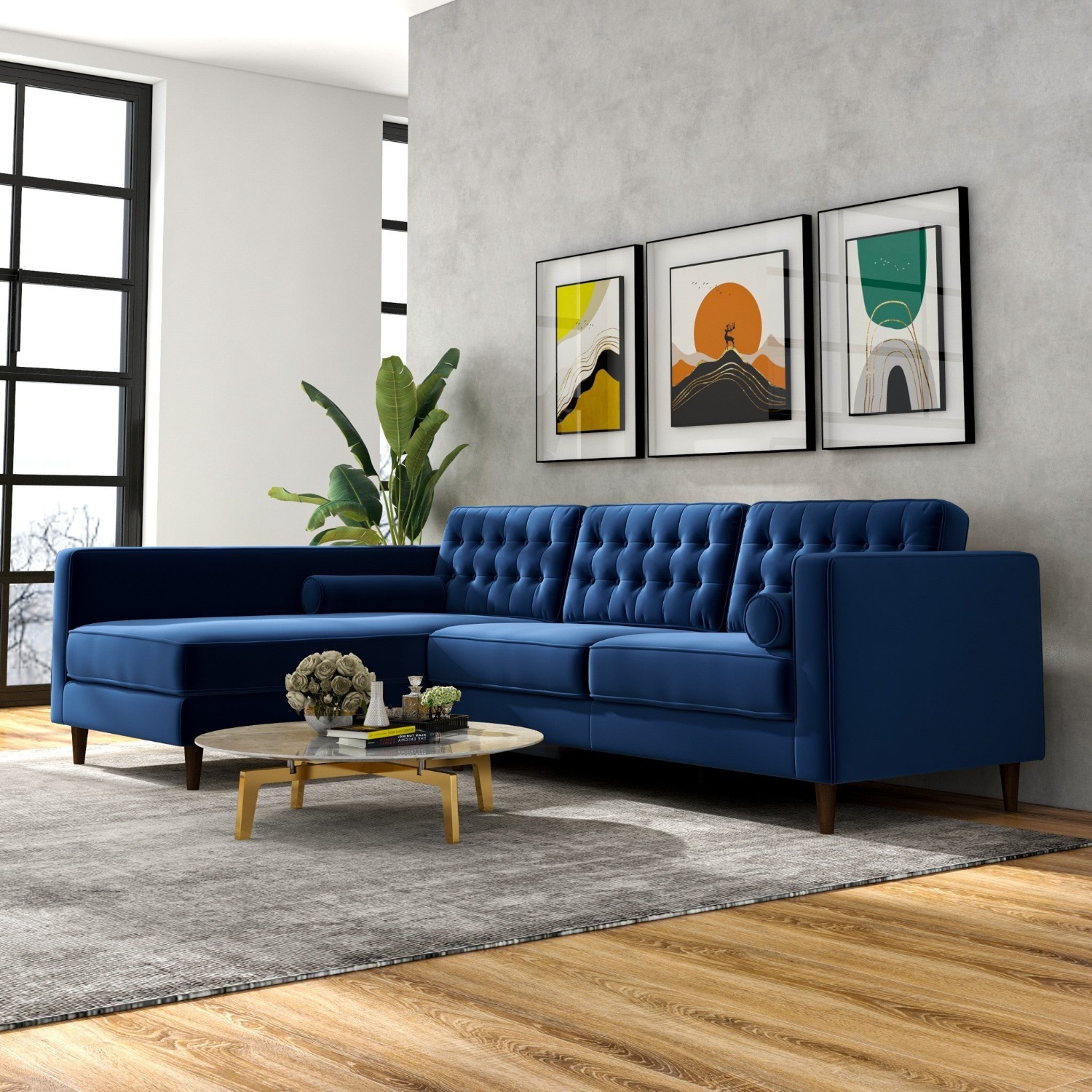 Olson Midnight Blue Velvet Sectional Sofa - image-2