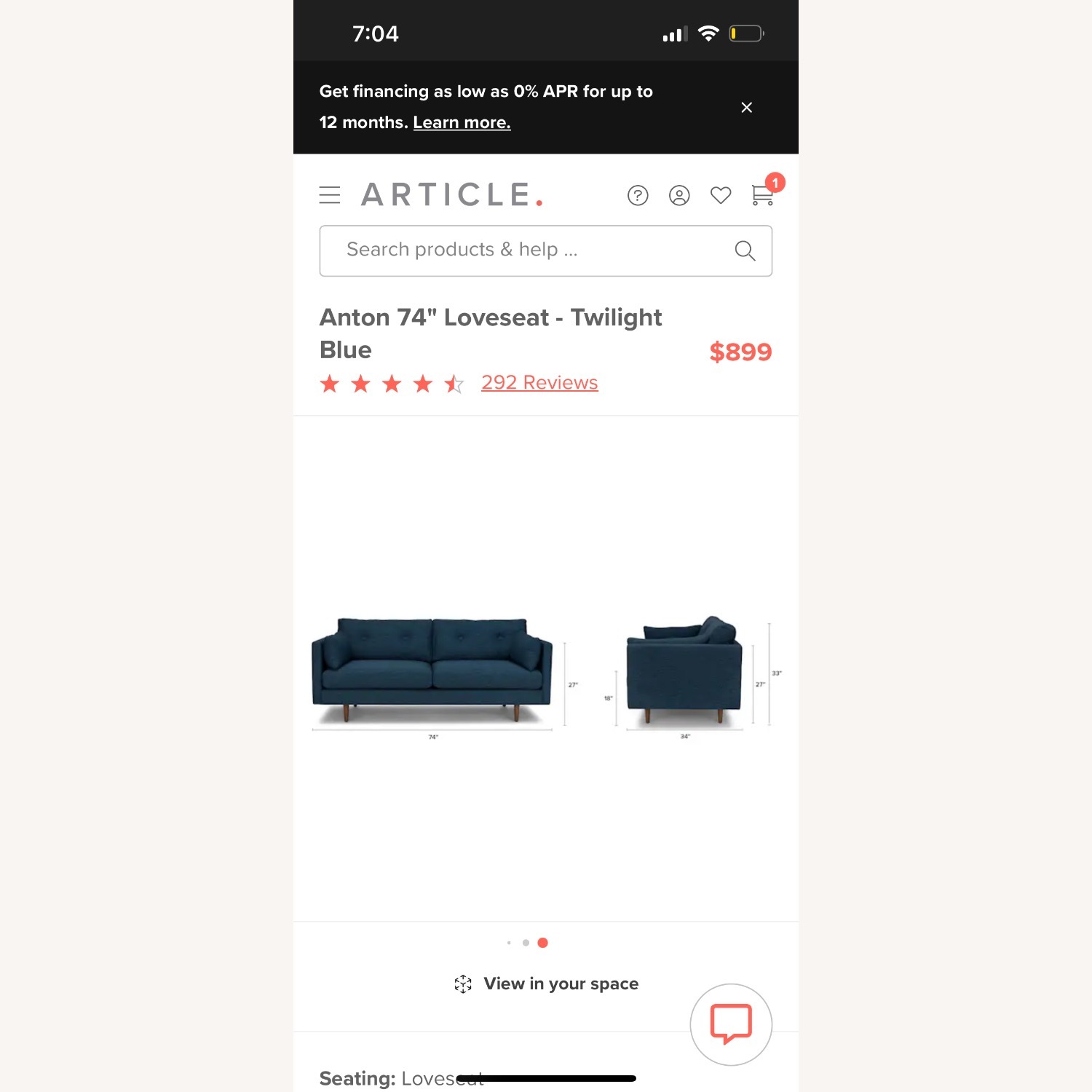 Article Anton 74" Loveseat - Twilight Blue - image-7