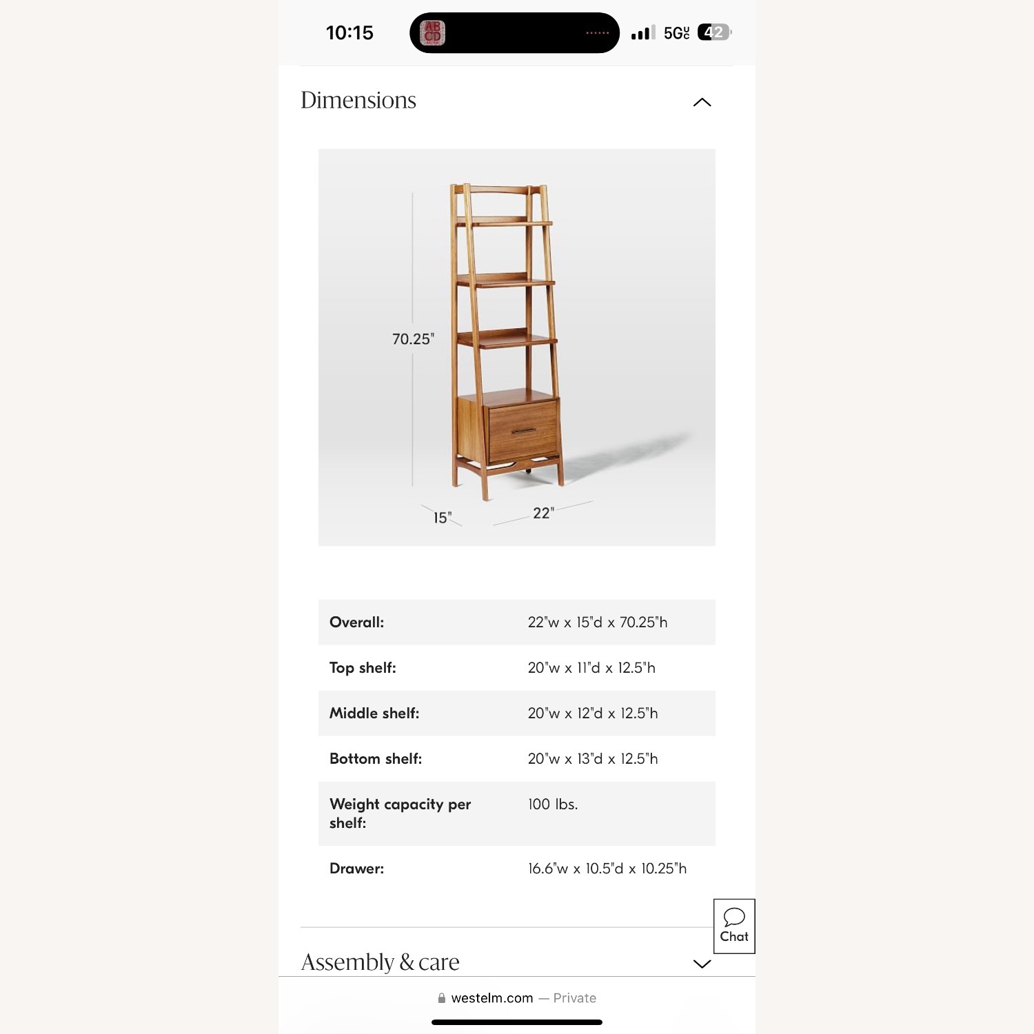 West Elm Mid-Century Bookshelf W Drawer (22") - image-1