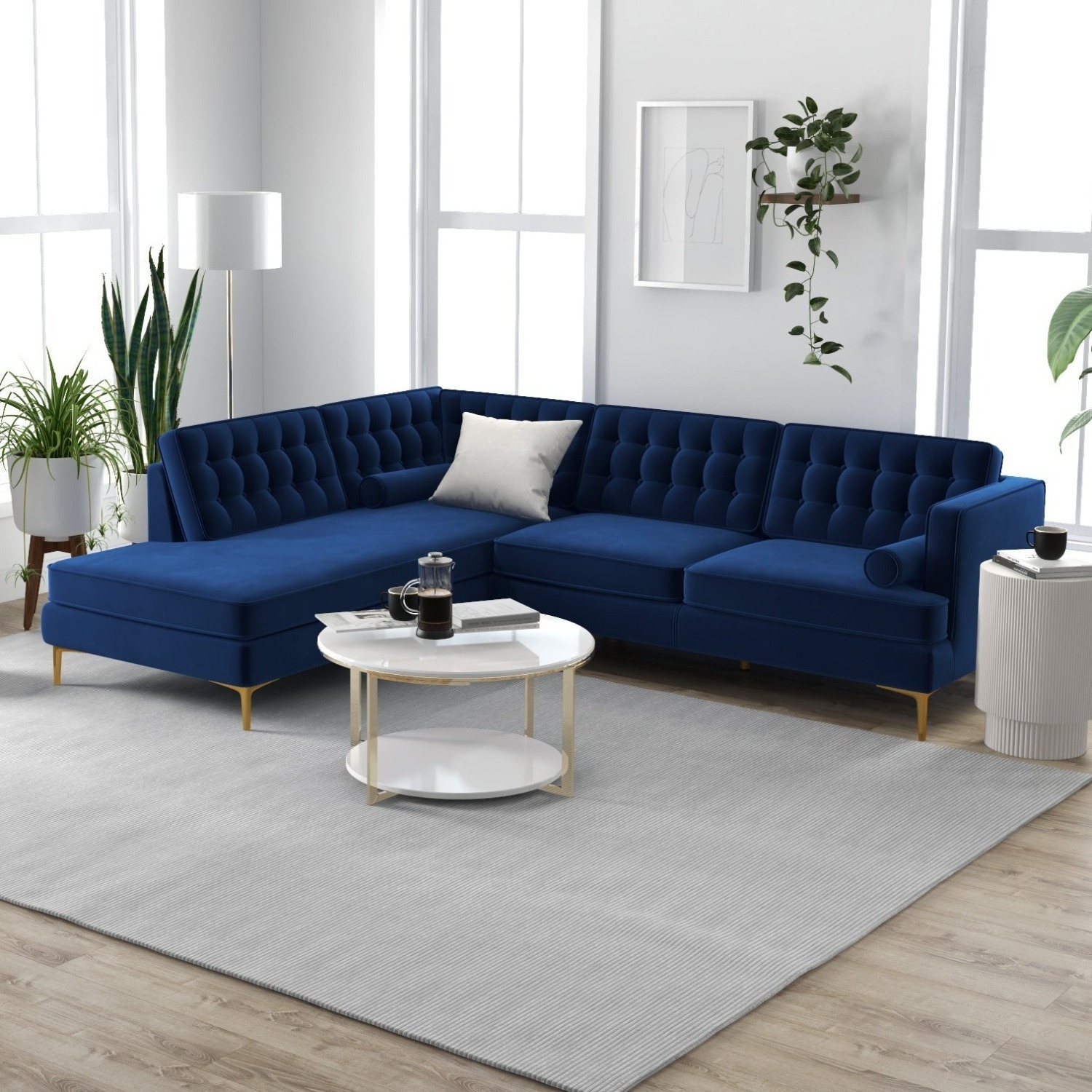 Caleb Blue Velvet Sectional Sofa - image-2
