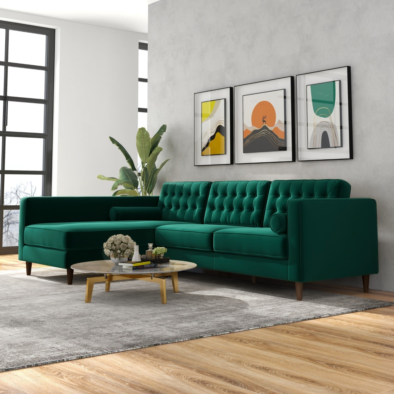 Olson Green Velvet Sectional Sofa Left Chaise - image-2