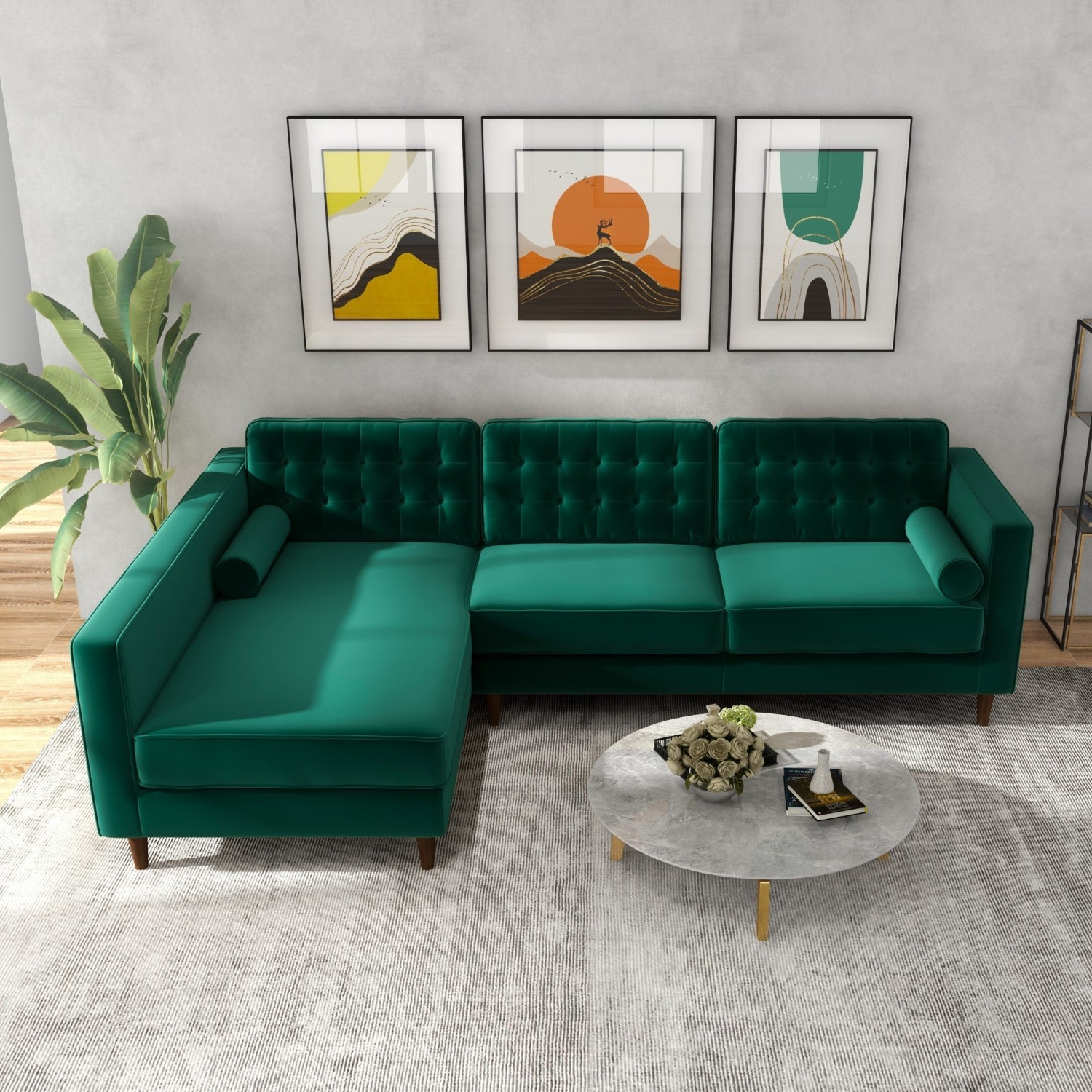 Olson Green Velvet Sectional Sofa Left Chaise - image-3
