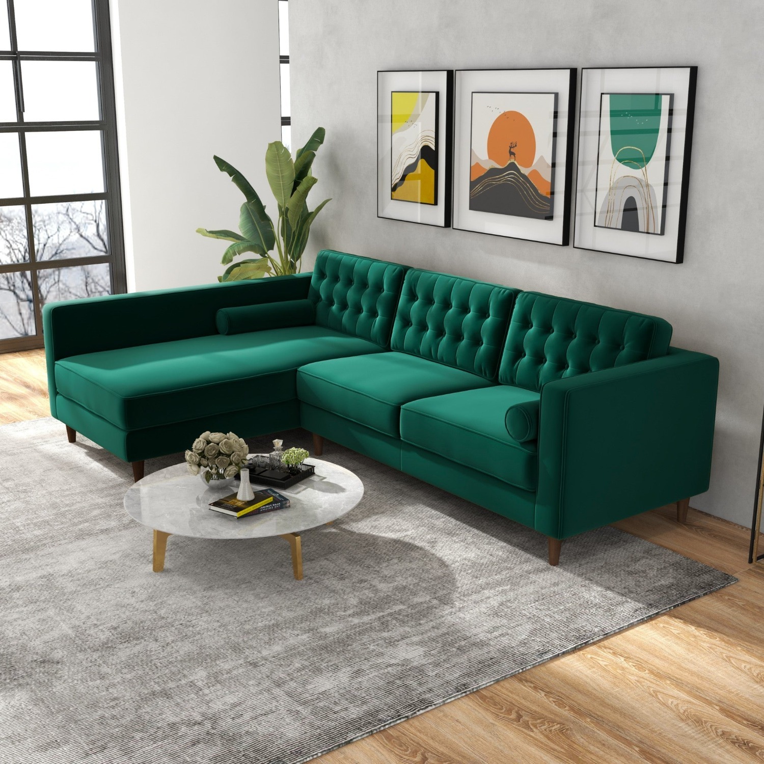Olson Green Velvet Sectional Sofa Left Chaise - image-4