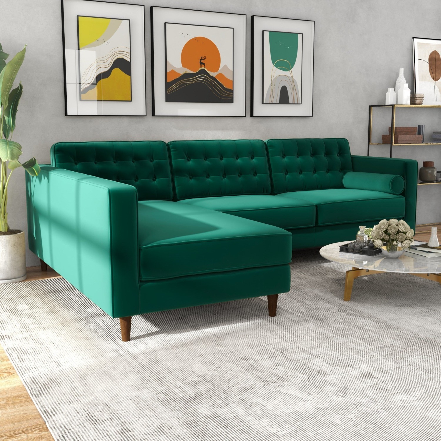 Olson Green Velvet Sectional Sofa Left Chaise - image-1