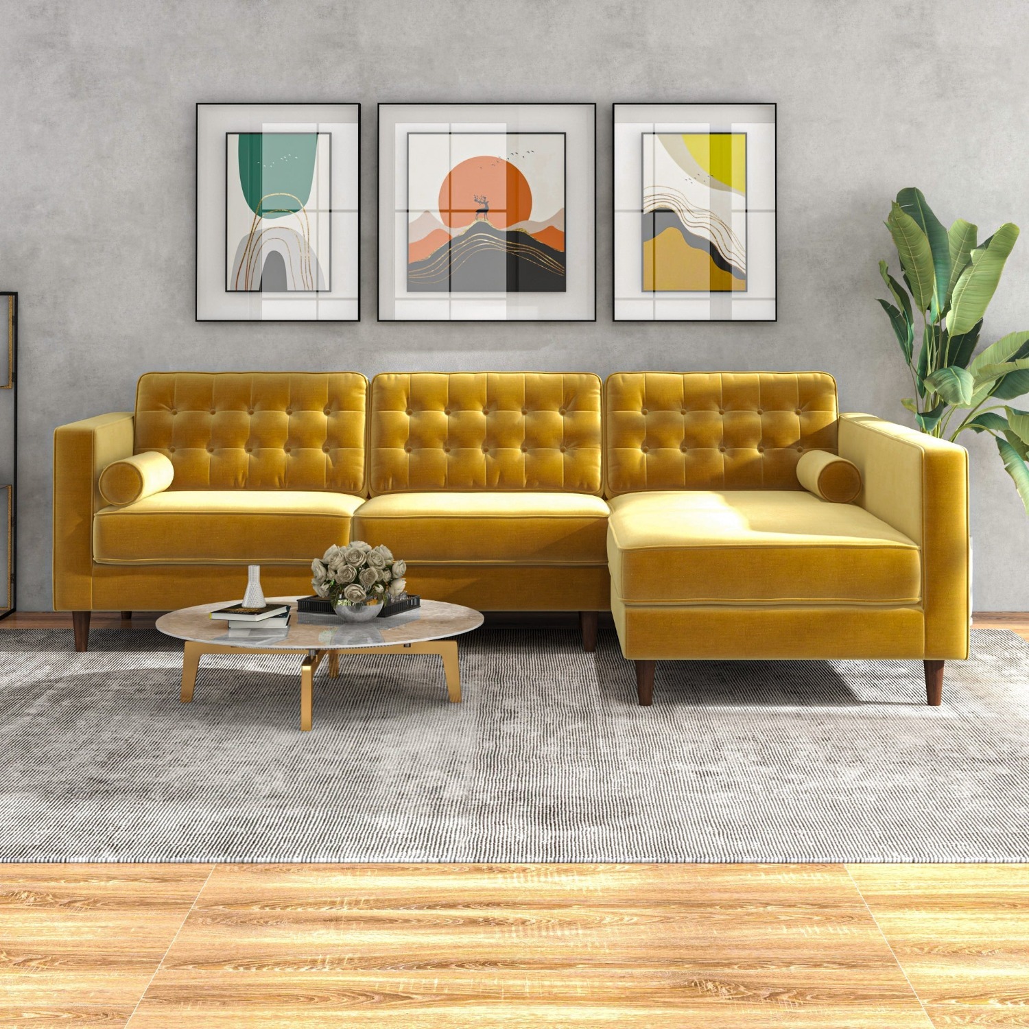 Olson Sectional Sofa Gold Velvet Right Chaise - image-0