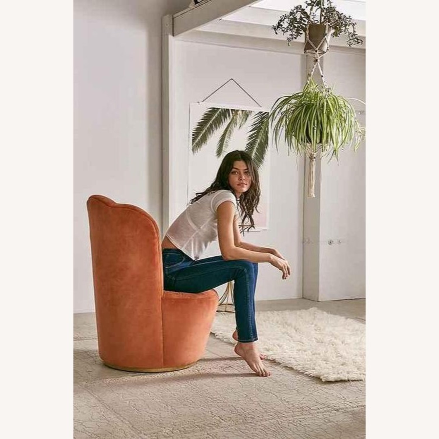 Anthropologie Peach Velvet Swivel Art Deco Chair - image-2