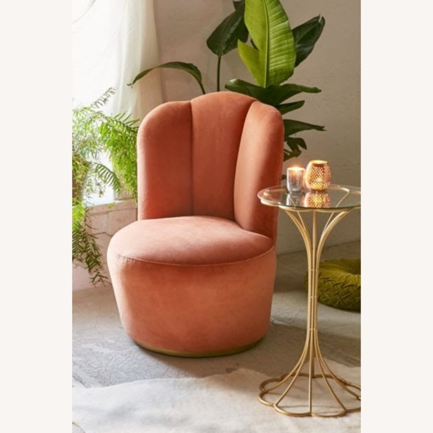 Anthropologie Peach Velvet Swivel Art Deco Chair - image-1