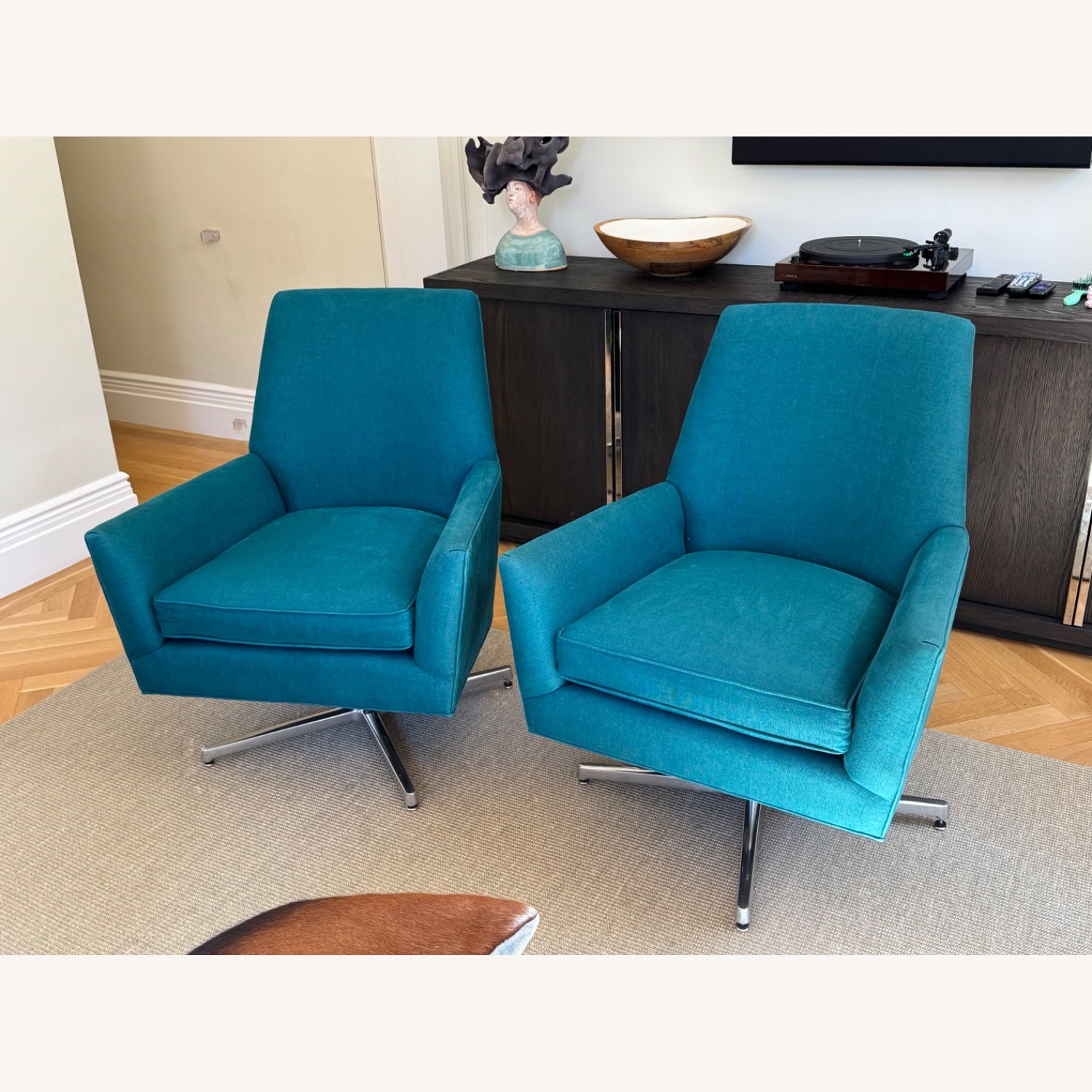 Pair of ABC Carpet & Home Swivel Chairs in Dark Teal Green - image-0