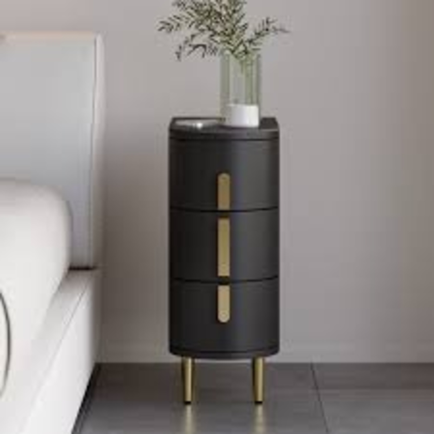 Modern Leather Narrow Nightstand, Black - image-1
