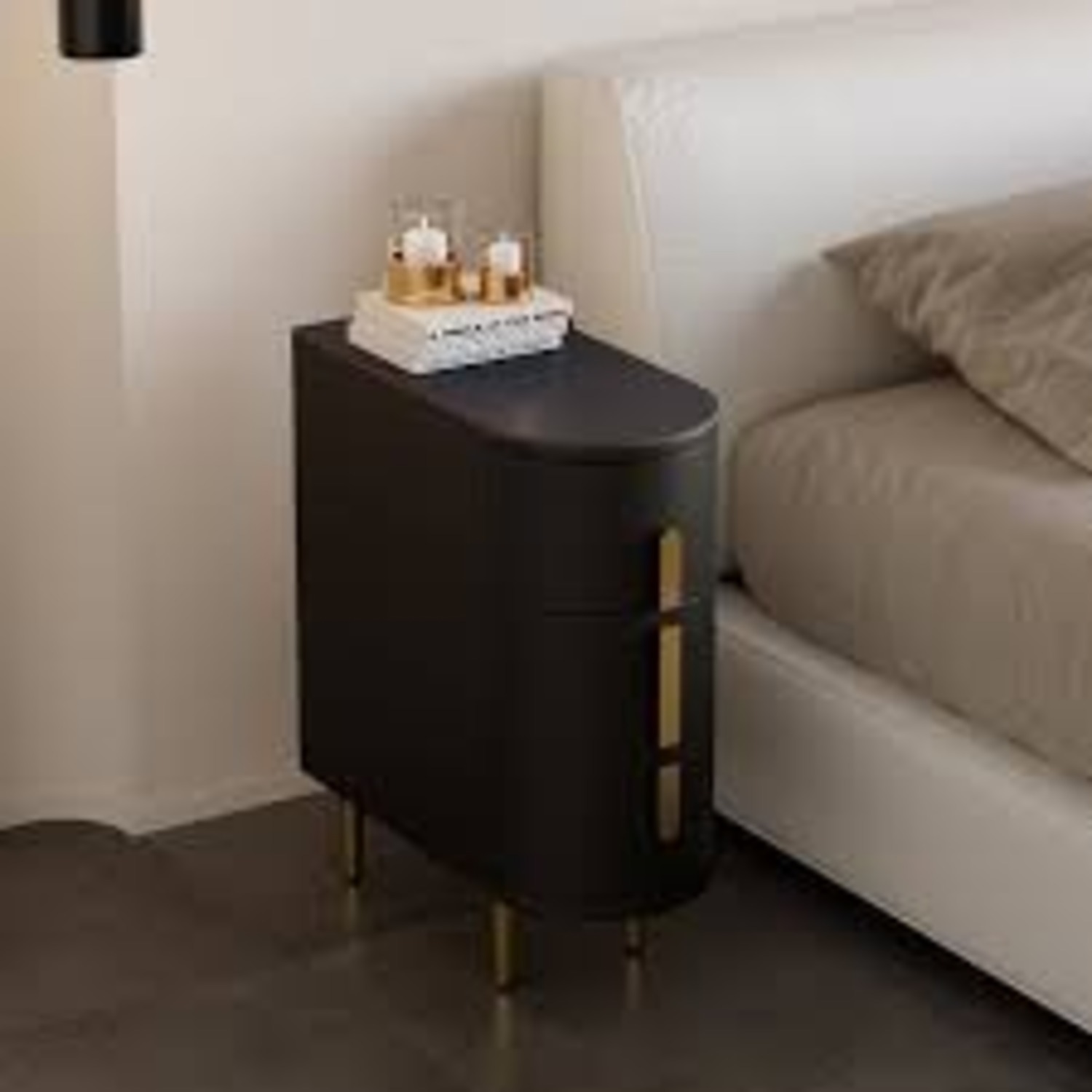 Modern Leather Narrow Nightstand, Black - image-2