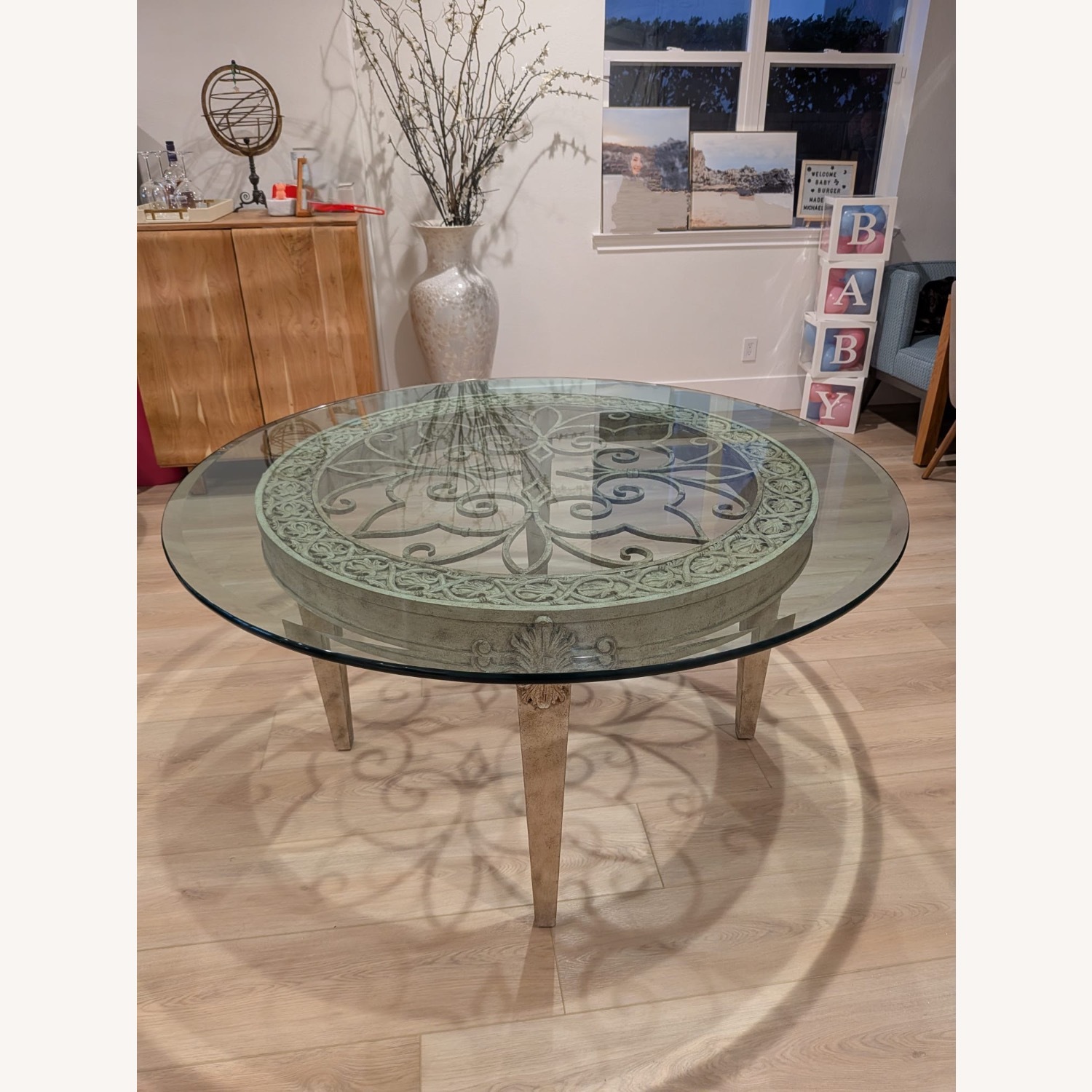 Ornate Carved Round Glass Dining Table with Chair - image-2