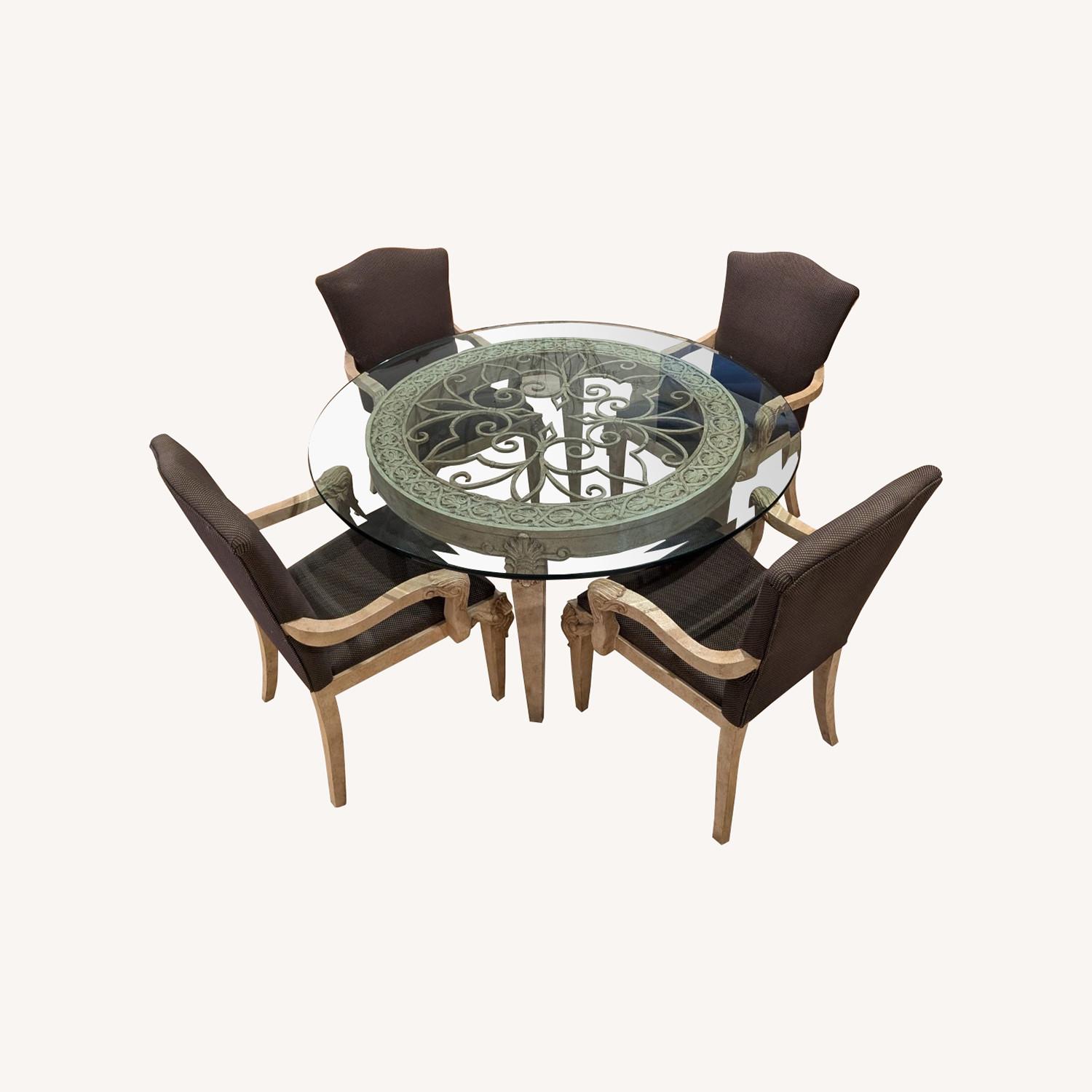 Ornate Carved Round Glass Dining Table with Chair - image-0
