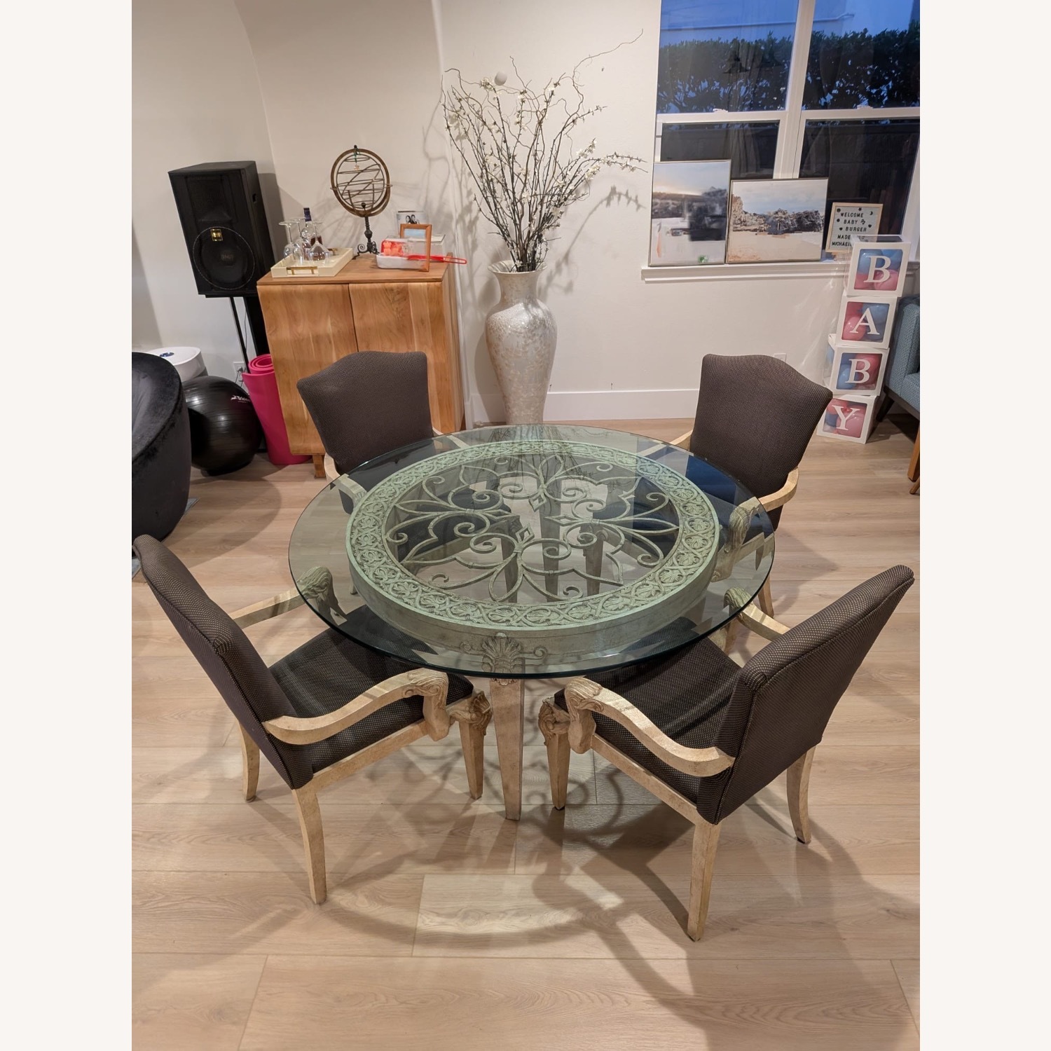 Ornate Carved Round Glass Dining Table with Chair - image-1