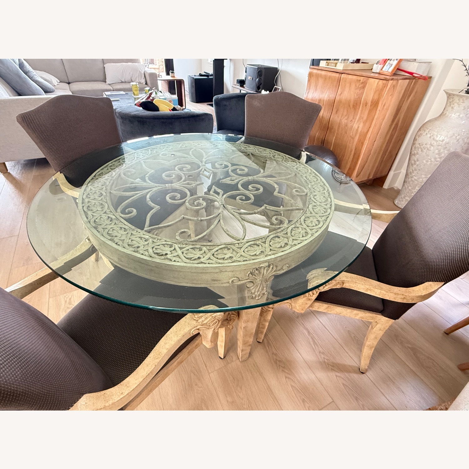 Ornate Carved Round Glass Dining Table with Chair - image-4