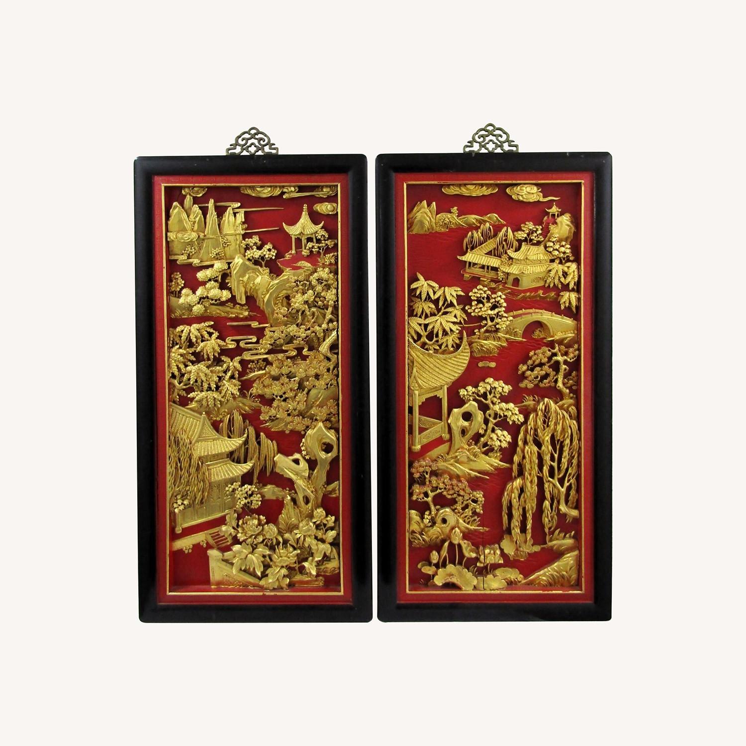 Pair Chinese Black Lacquer Painted Carved Panels - image-0