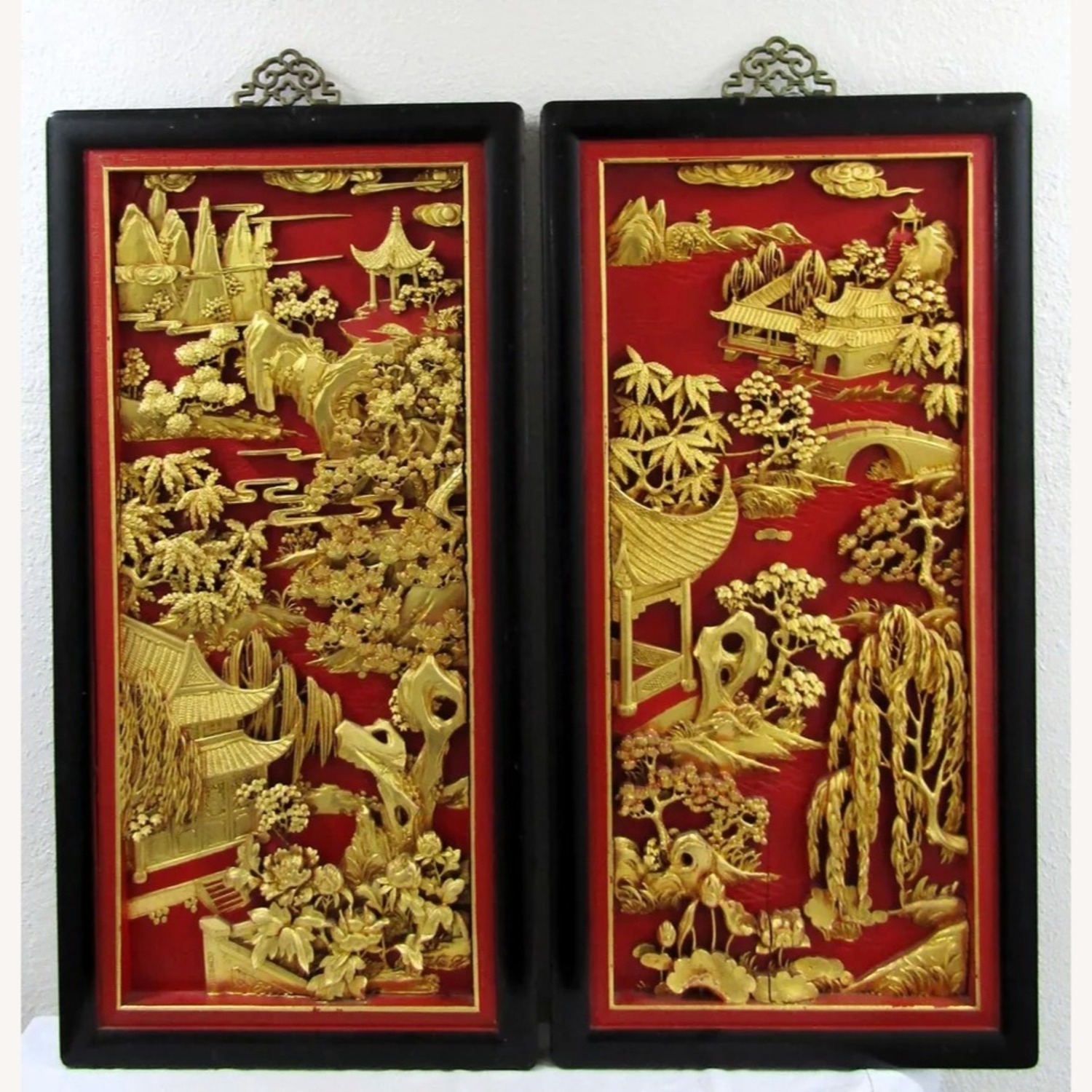 Pair Chinese Black Lacquer Painted Carved Panels - image-2