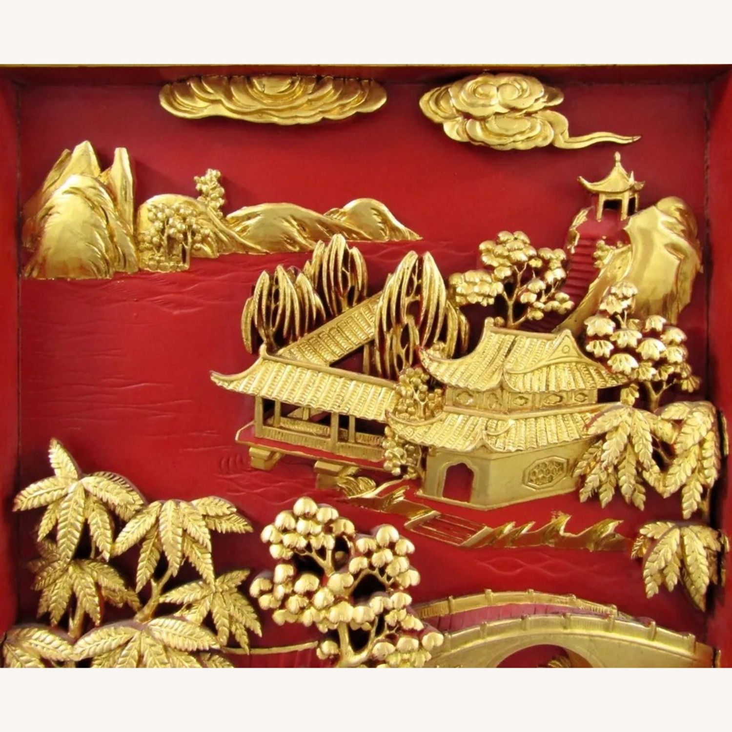 Pair Chinese Black Lacquer Painted Carved Panels - image-11