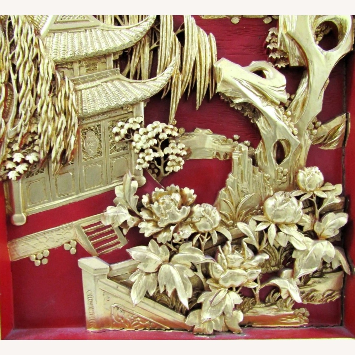 Pair Chinese Black Lacquer Painted Carved Panels - image-6