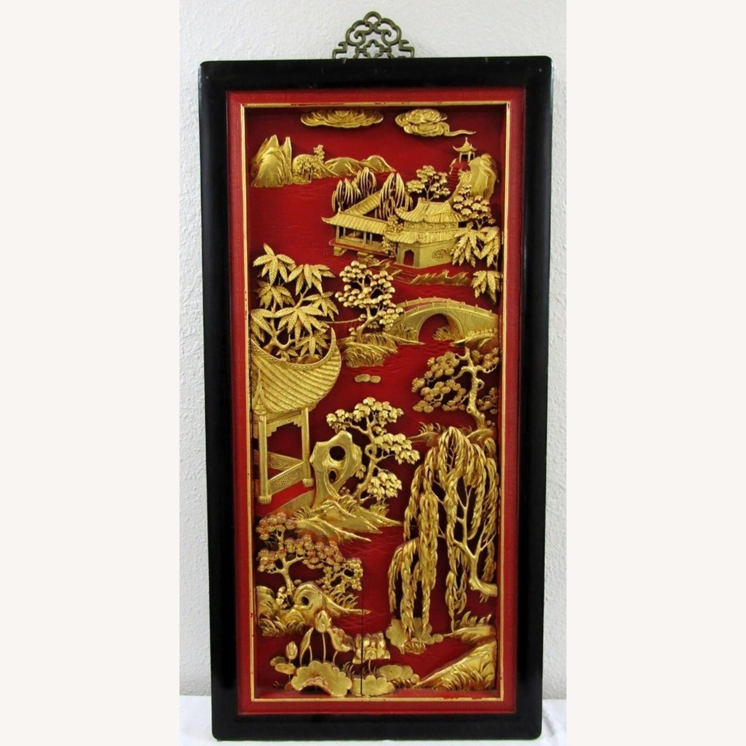 Pair Chinese Black Lacquer Painted Carved Panels - image-10