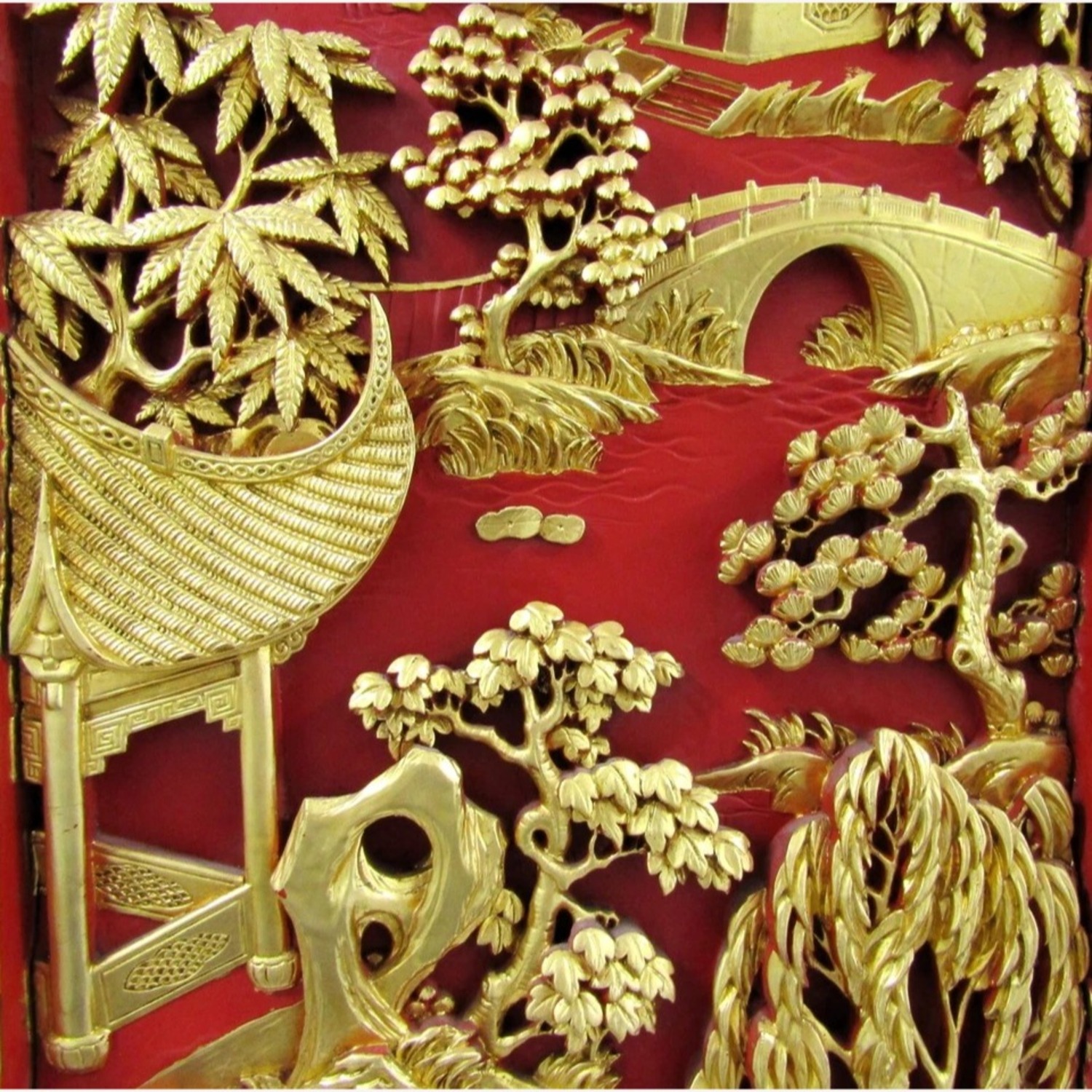 Pair Chinese Black Lacquer Painted Carved Panels - image-12