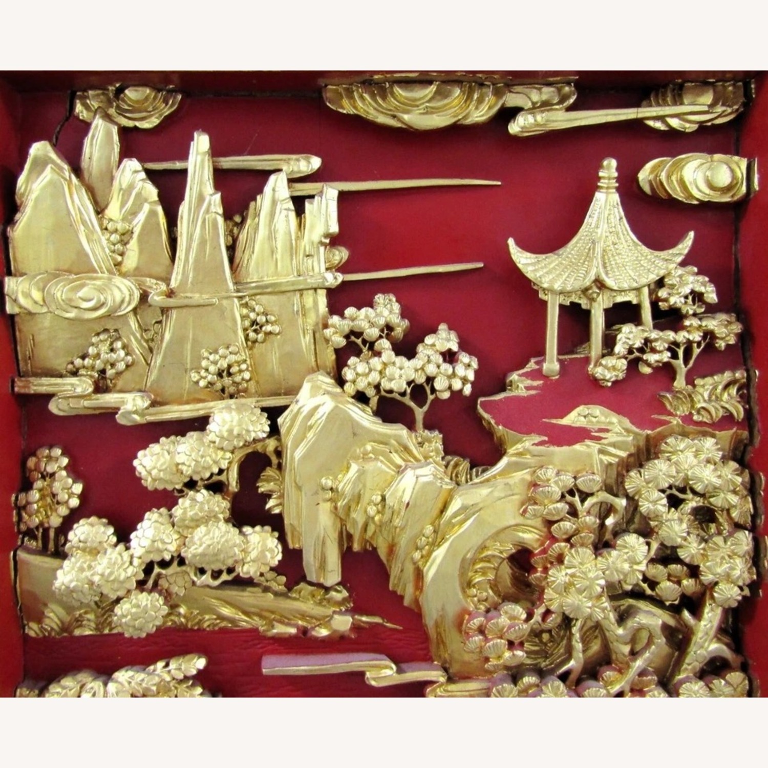 Pair Chinese Black Lacquer Painted Carved Panels - image-4