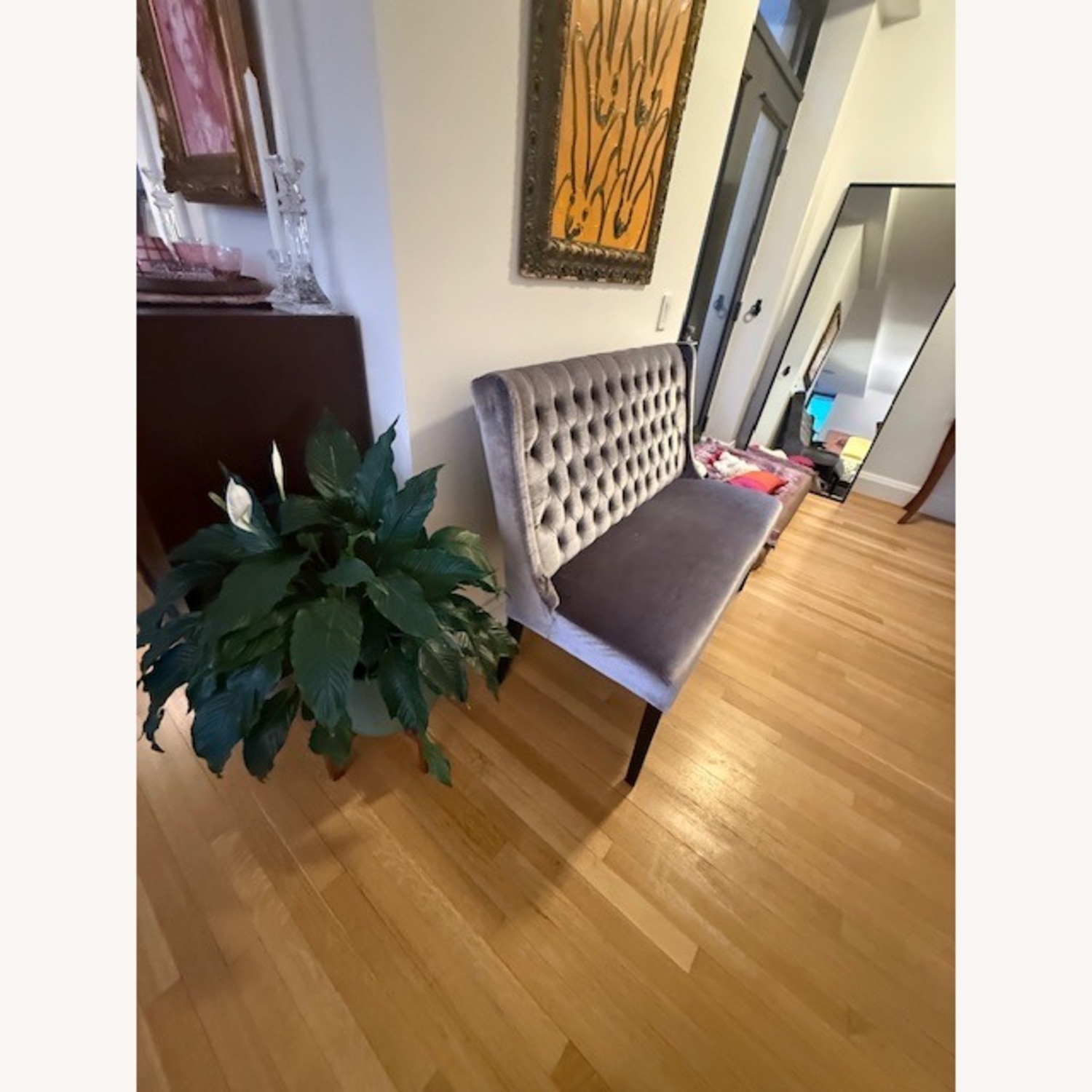 Small Dark Grey Velvet Loveseat - image-6