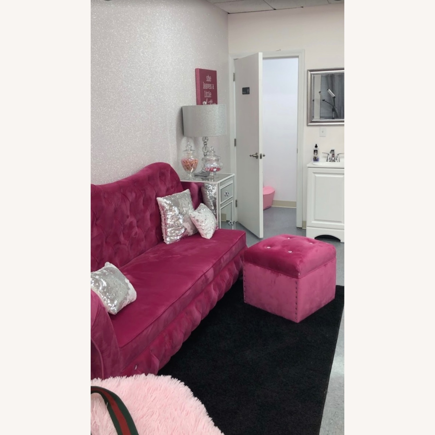 Royal Pink & Diamond Tufted Velvet Sofa & Ottoman - image-4