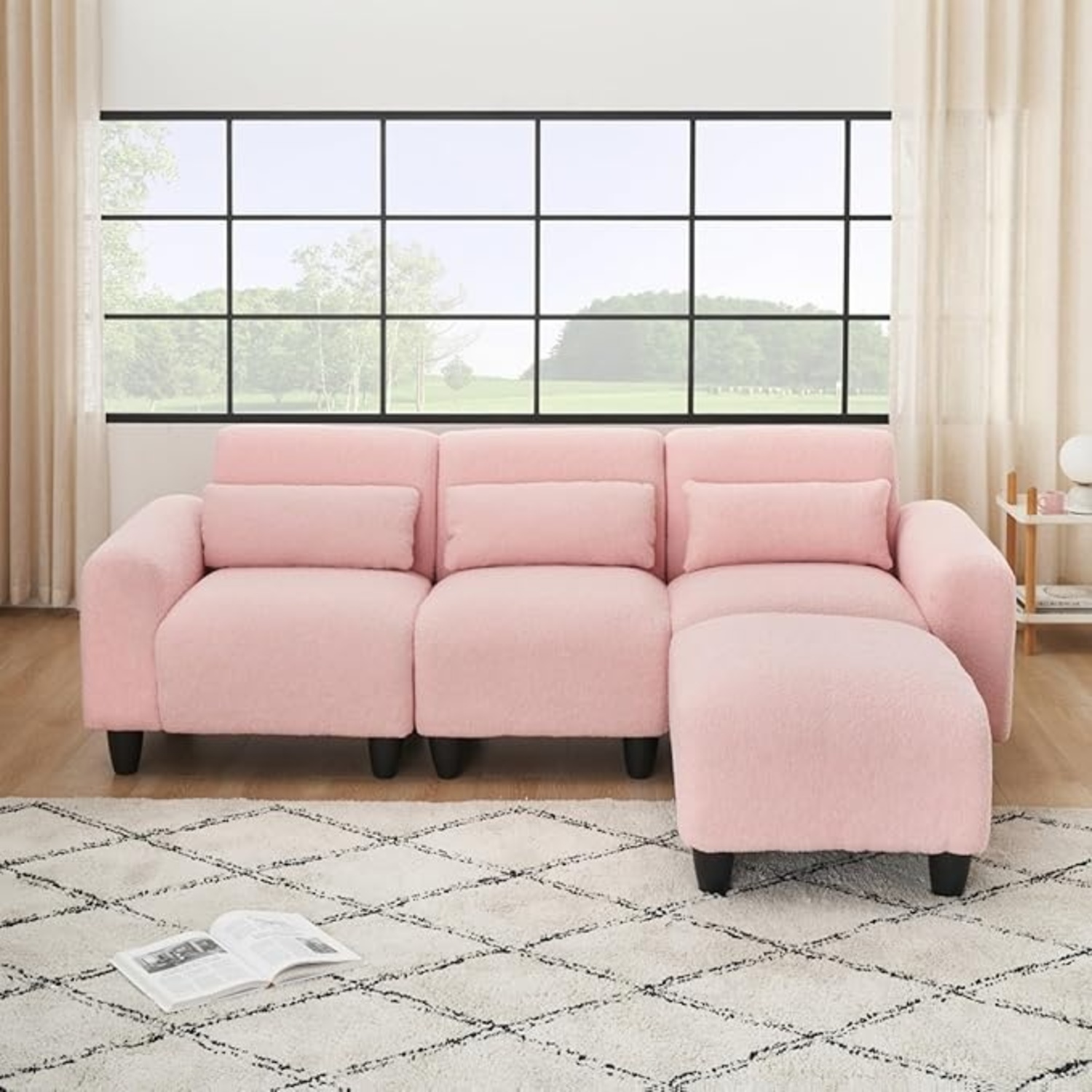Amazon 3 Seat Pink Fuzzy Couch with Ottoman - image-4