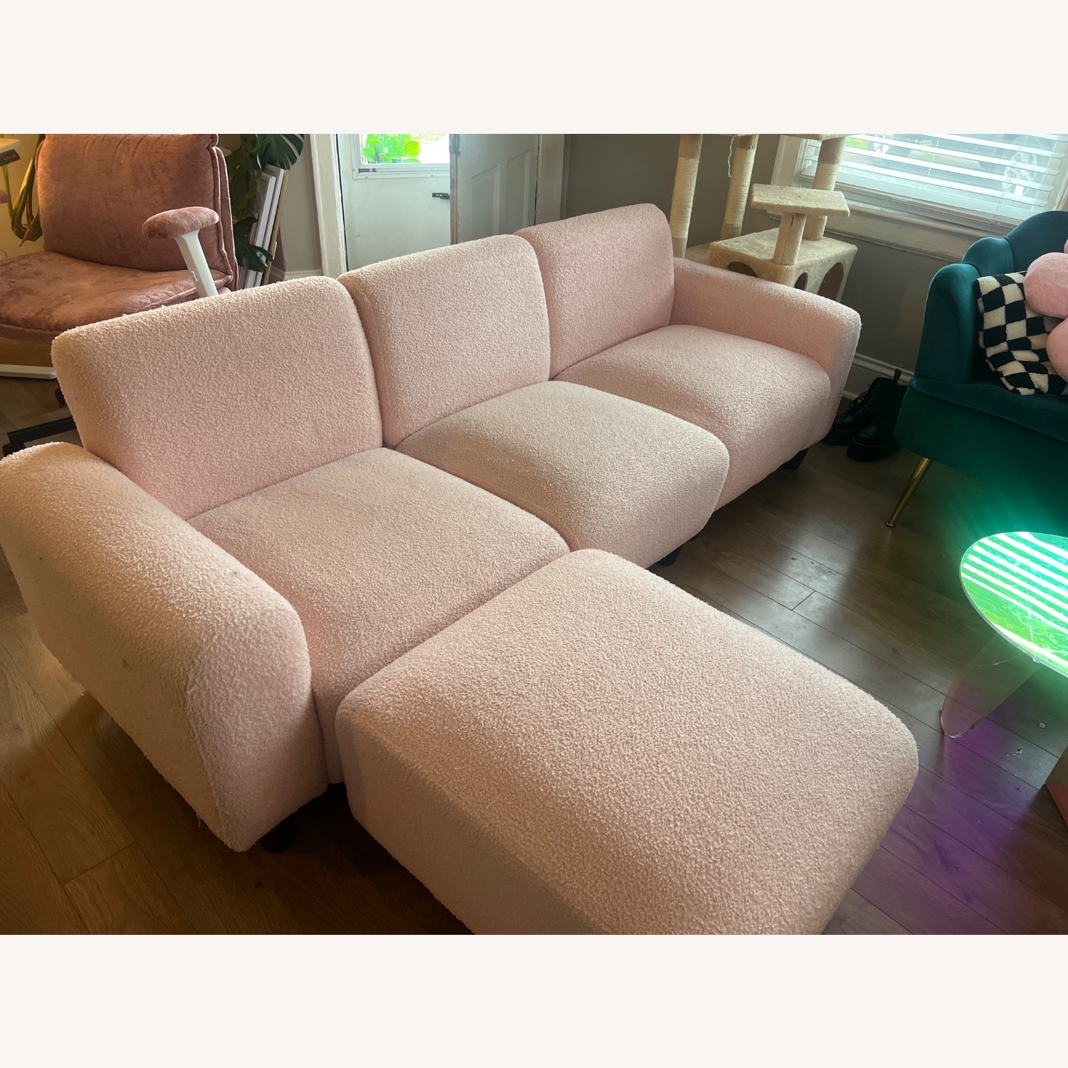 Amazon 3 Seat Pink Fuzzy Couch with Ottoman - image-2