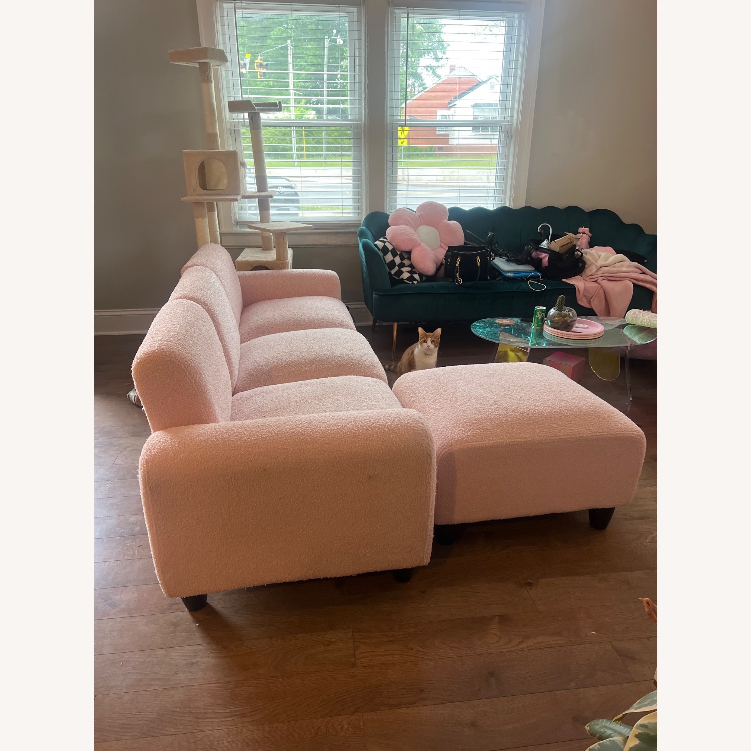 Amazon 3 Seat Pink Fuzzy Couch with Ottoman - image-3