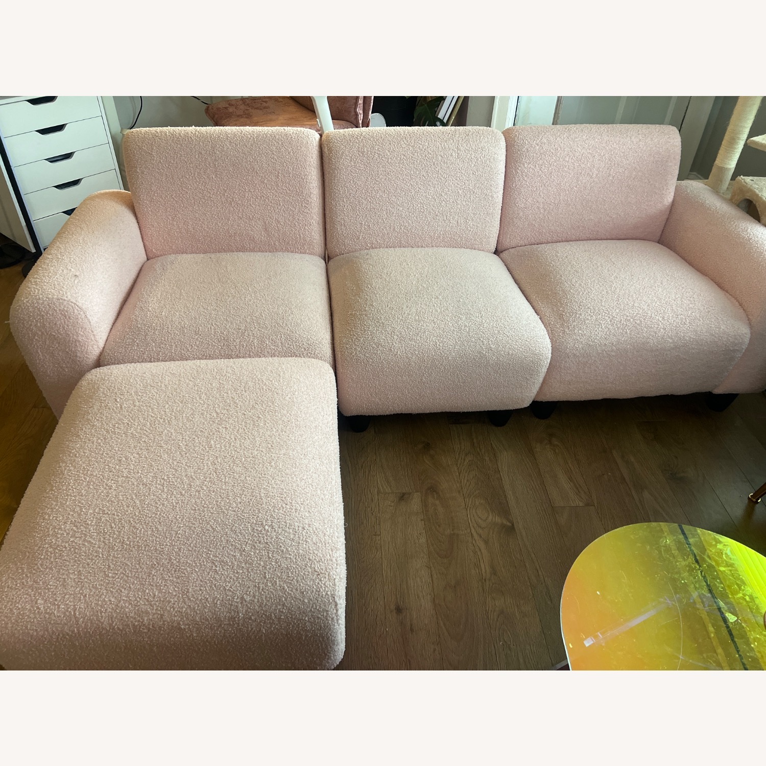Amazon 3 Seat Pink Fuzzy Couch with Ottoman - image-1
