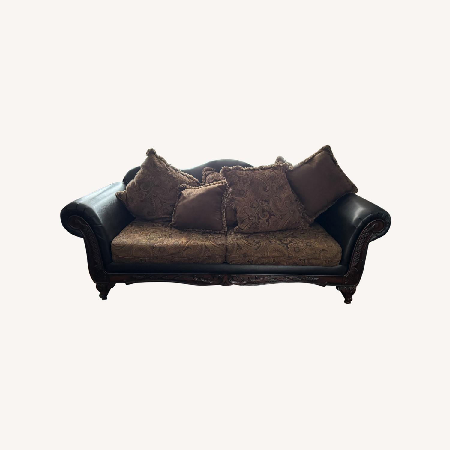Raymour & Flanigan Sofa with Elegant Wood & Faux Leather - image-0