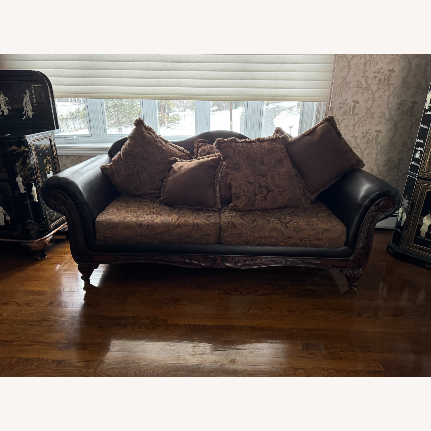 Raymour & Flanigan Sofa with Elegant Wood & Faux Leather - image-3